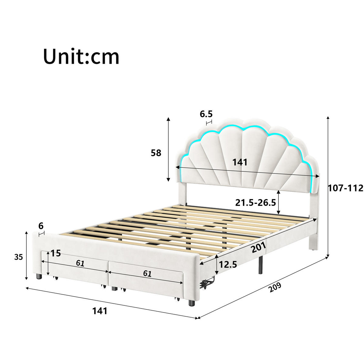 POLSTERBETT 140x200 cm in Weiß mit LED, Schublade Jugendbett aus Samt - Weiß, Textil/Metall (90/200cm) - PARAFTA HOME