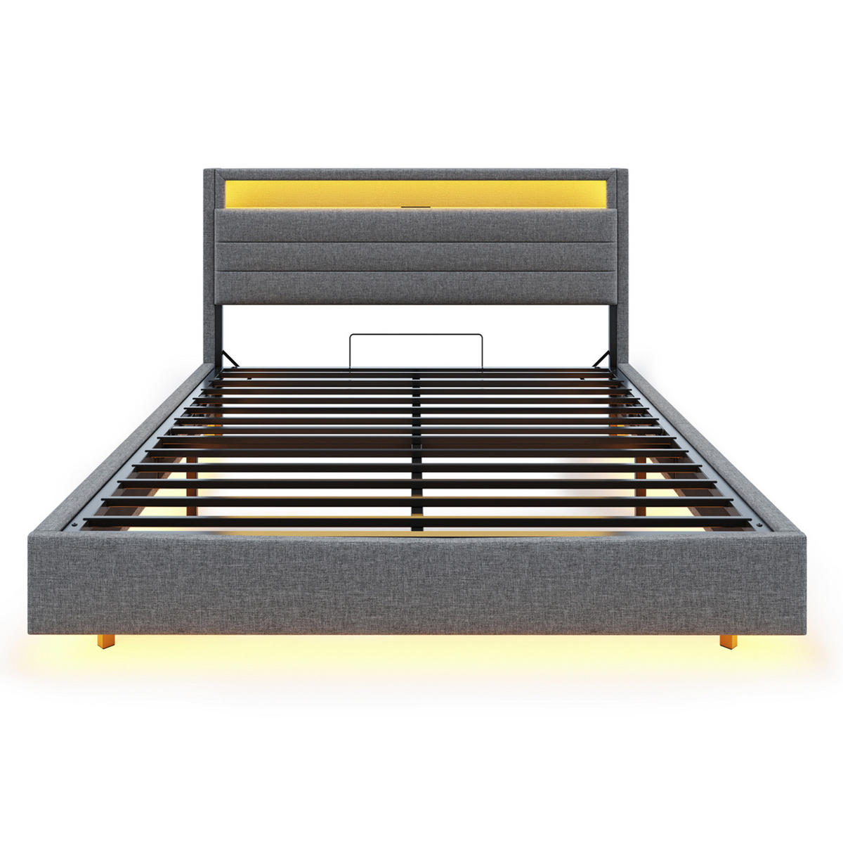 POLSTERBETT 140/200 cm mit Bettkasten, LED-Beleuchtung und USB in Grau - Grau, Textil (140/200cm) - BEAOK