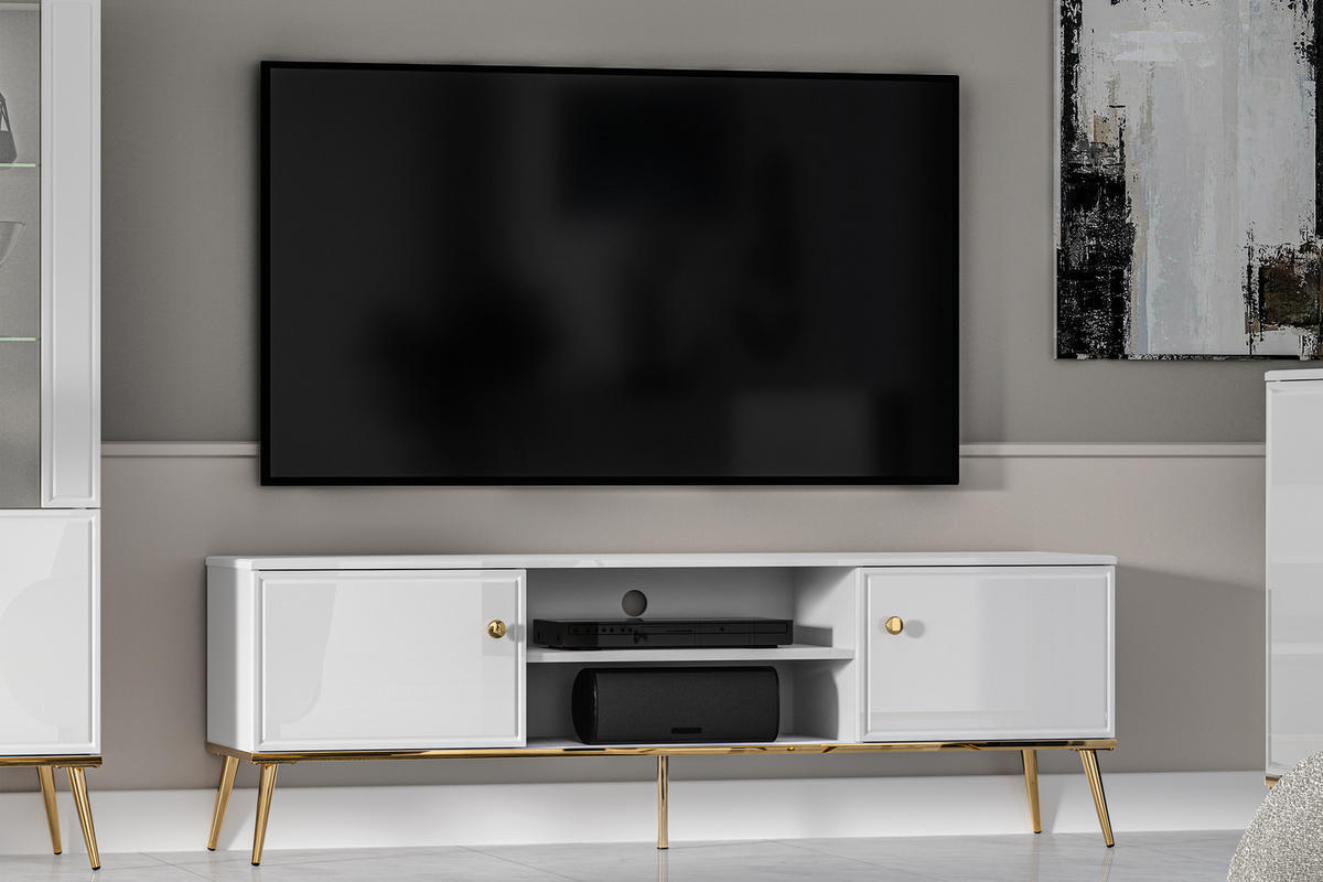 TV-LOWBOARD ISORIA auf hohen goldenen Beinen, Glas Weiß - Goldfarben/Weiß, Holz/Metall (160/53/40cm) - KONSIMO®