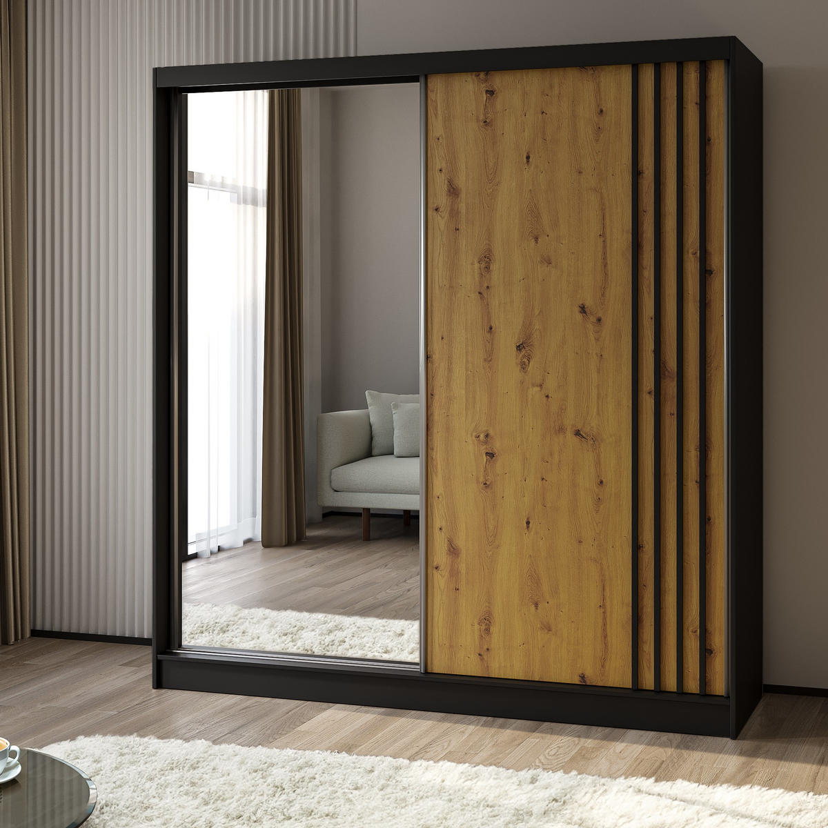 SCHWEBETÜRENSCHRANK NELVIA 200/216/61 cm 2-türig mit Spiegel Schwarz - Schwarz/Eiche Artisan, Holzwerkstoff (200/216/61cm) - MASSENO