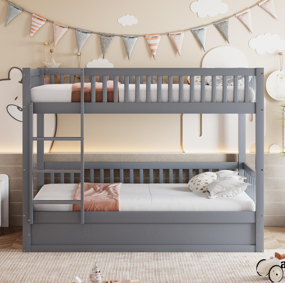 POSCHODOVÁ posteľ 90/200 cm sivá s hydraulickým úložným priestorom z masívneho dreva - sivá, kompozitné drevo (90/200cm) - OKWISH