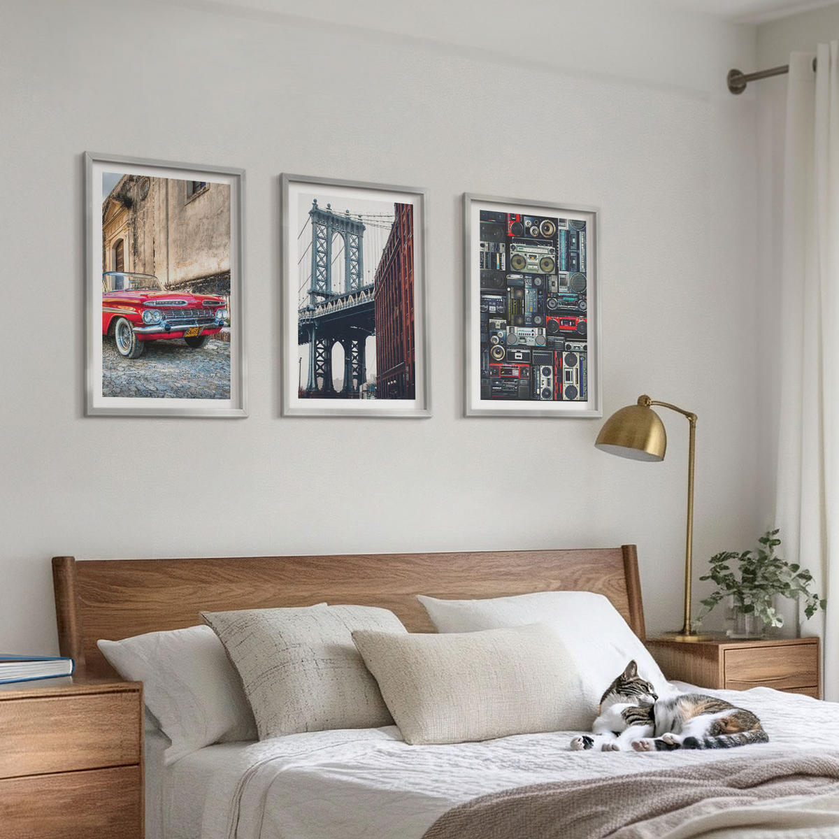 WANDBILDER 3er Set - 40x60 cm Silberner Rahmen - Alte Autobrücke Brooklyn Retro-Audio - Silberfarben, Kunststoff (40/60cm) - ArtPrintCave
