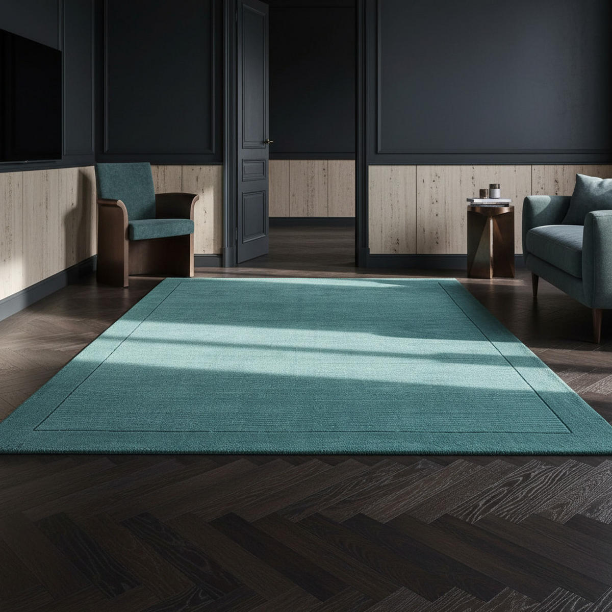 TEPPICH Schurwolle handgewebt mit Bordüre modern STOW, Türkis 200x290 cm - Grün, Textil (200/290cm) - KADIMA DESIGN