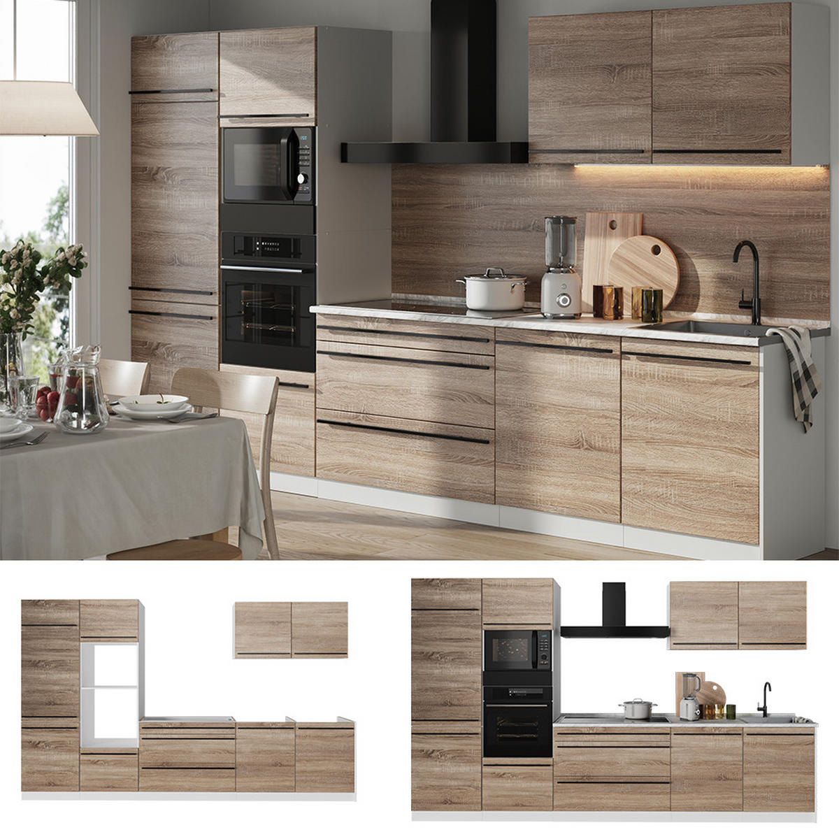 KUCHYNKA R-Line, Sonoma/biely, 340 cm Goldkraft tammi työtaso - biela/dub sonoma, kompozitné drevo (340/206.8/60cm) - Vicco