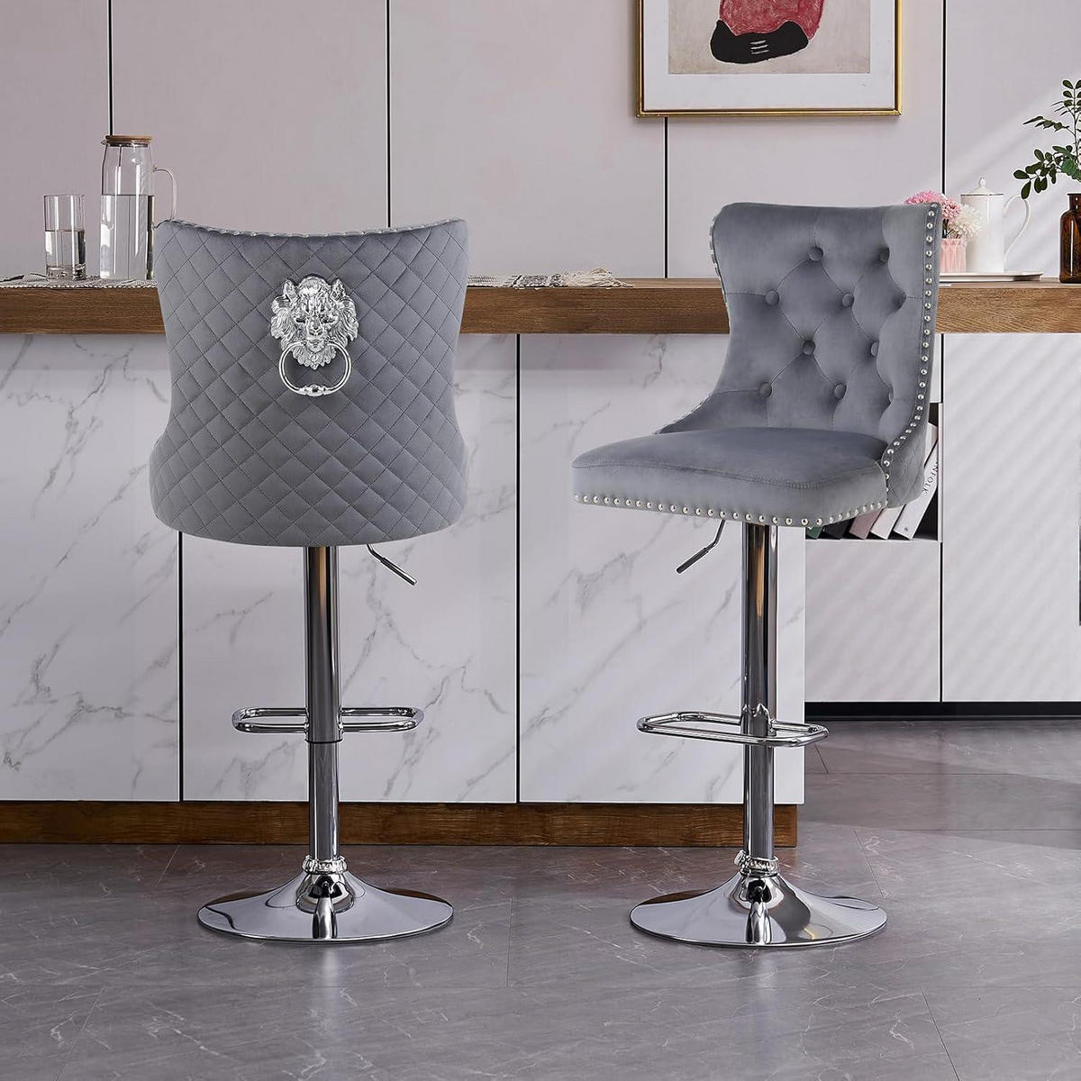 BARHOCKER 2er Set Samt Dunkelgrau Höhenverstellbar mit Lehne und Löwenring-Zuggriff - Grau, Textil (40/118/46cm)