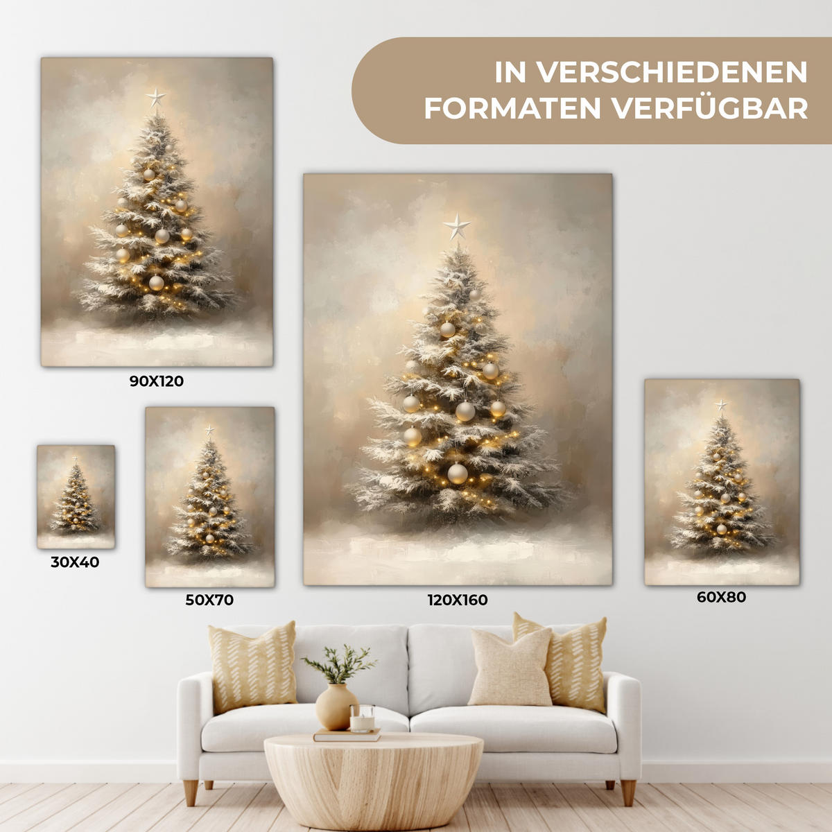 LEINWANDBILD Weihnachten - Weihnachtsbaum - Schnee - Kunst 60x80 cm - Champagner, Textil (60/80cm) - MuchoWow
