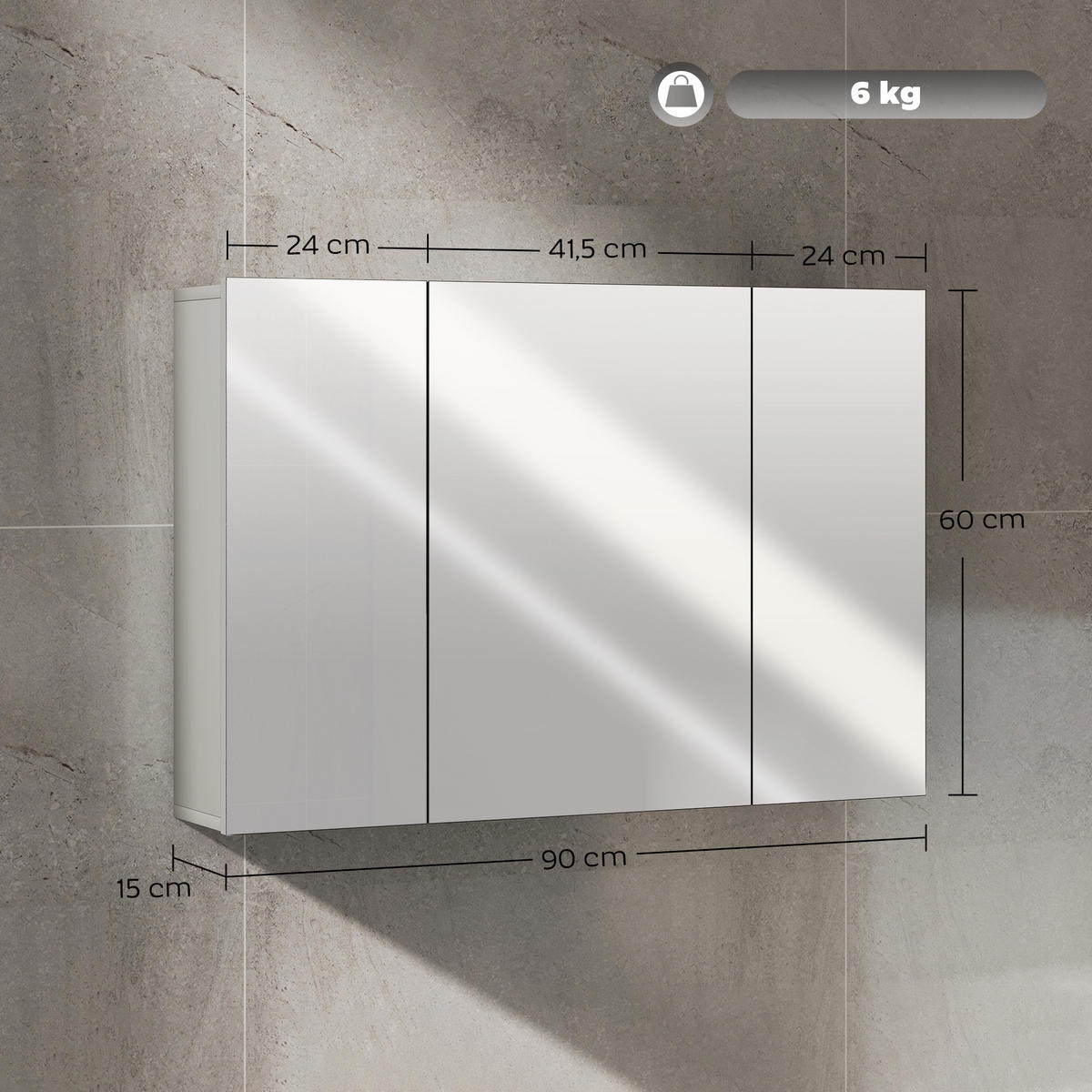 SPIEGELSCHRANK mit 3 Spiegeltüren und verstellbaren Einlegeböden , 90 x 15 x 60 cm - Grau, Glas (90/60/15cm) - Vallsero