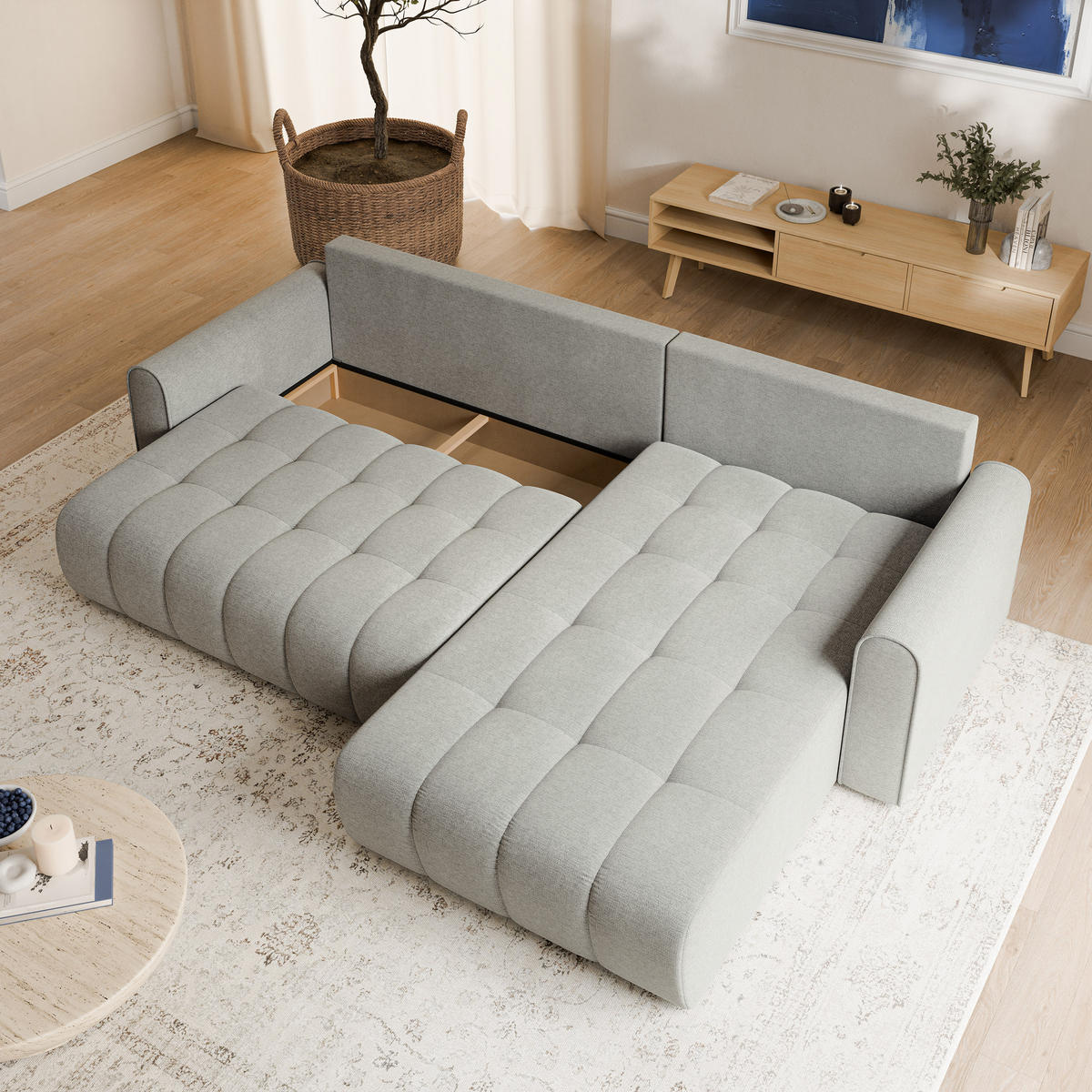ECKSOFA FRIGA Hellgrau Strukturstoff mit Schlaffunktion - Hellgrau, Holz (283/185cm) - MASSENO