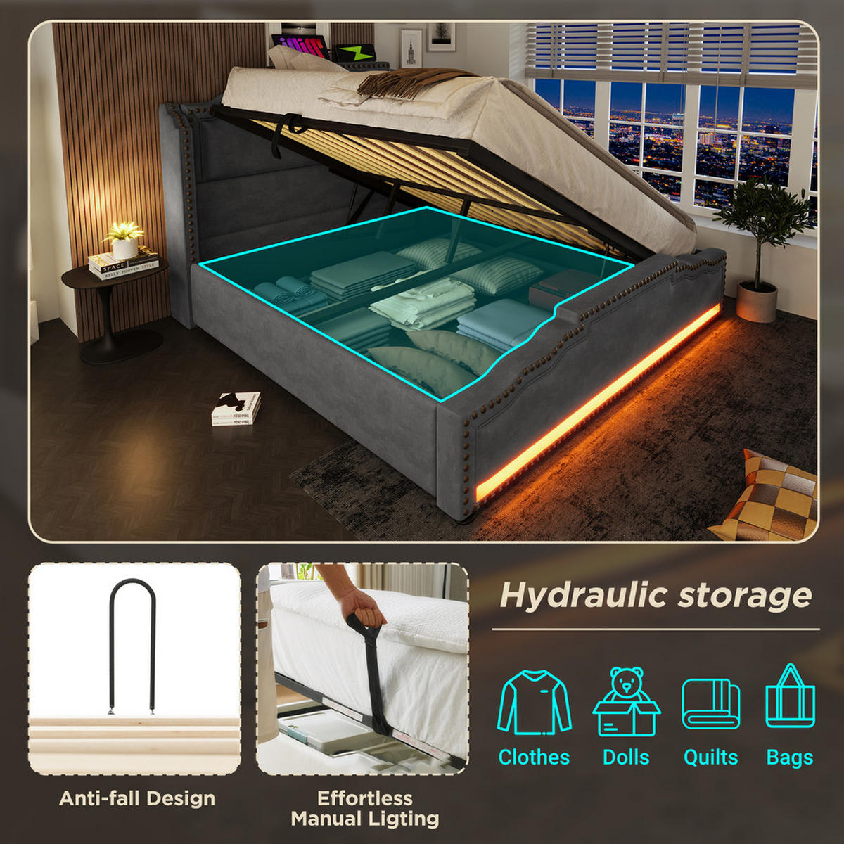 POLSTERBETT 160X200 mit LED USB C Lattenrost und hydraulischem Stauraum - Grau, Holz (160/200cm) - FLIEKS