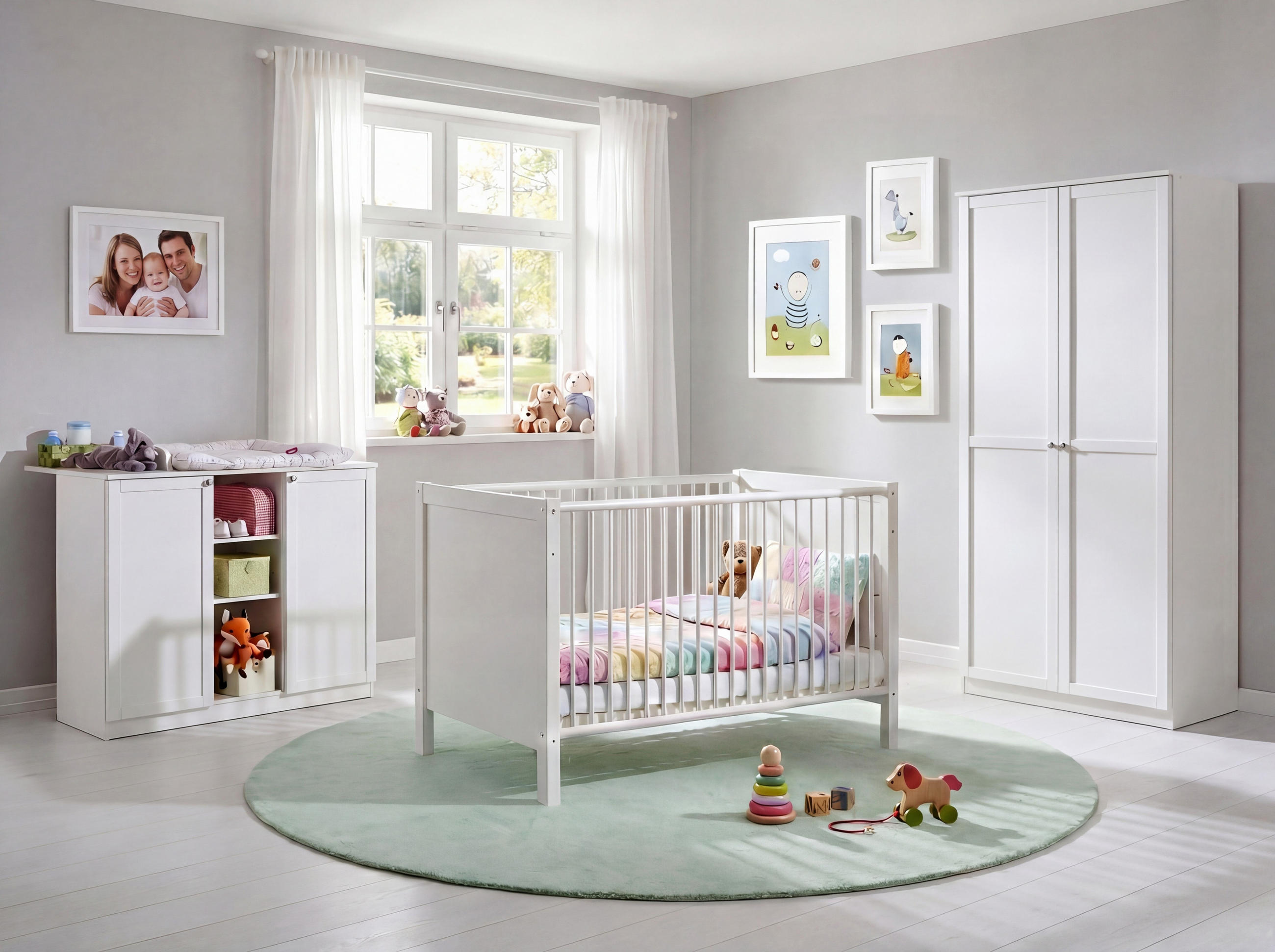 BABYZIMMER-SET 3-tlg.: Babybett & Wickelkommode & Kleiderschrank 2-türig B90/H197/T58 cm, Soft-Close, Landhausstil Weiß / 22801 - Silberfarben/Weiß, Holzwerkstoff/Metall (76/83/146cm) - luma-home