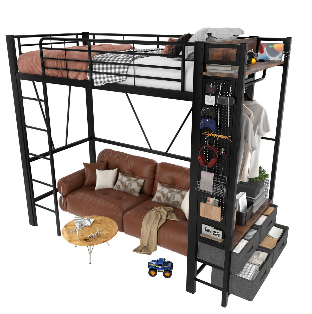 HOCHBETT 90/200 cm aus Metall mit LED-Leiste, USB-Typ-C und 4 Schubladen Schwarz - Schwarz, Metall (90/200cm) - Modenvie