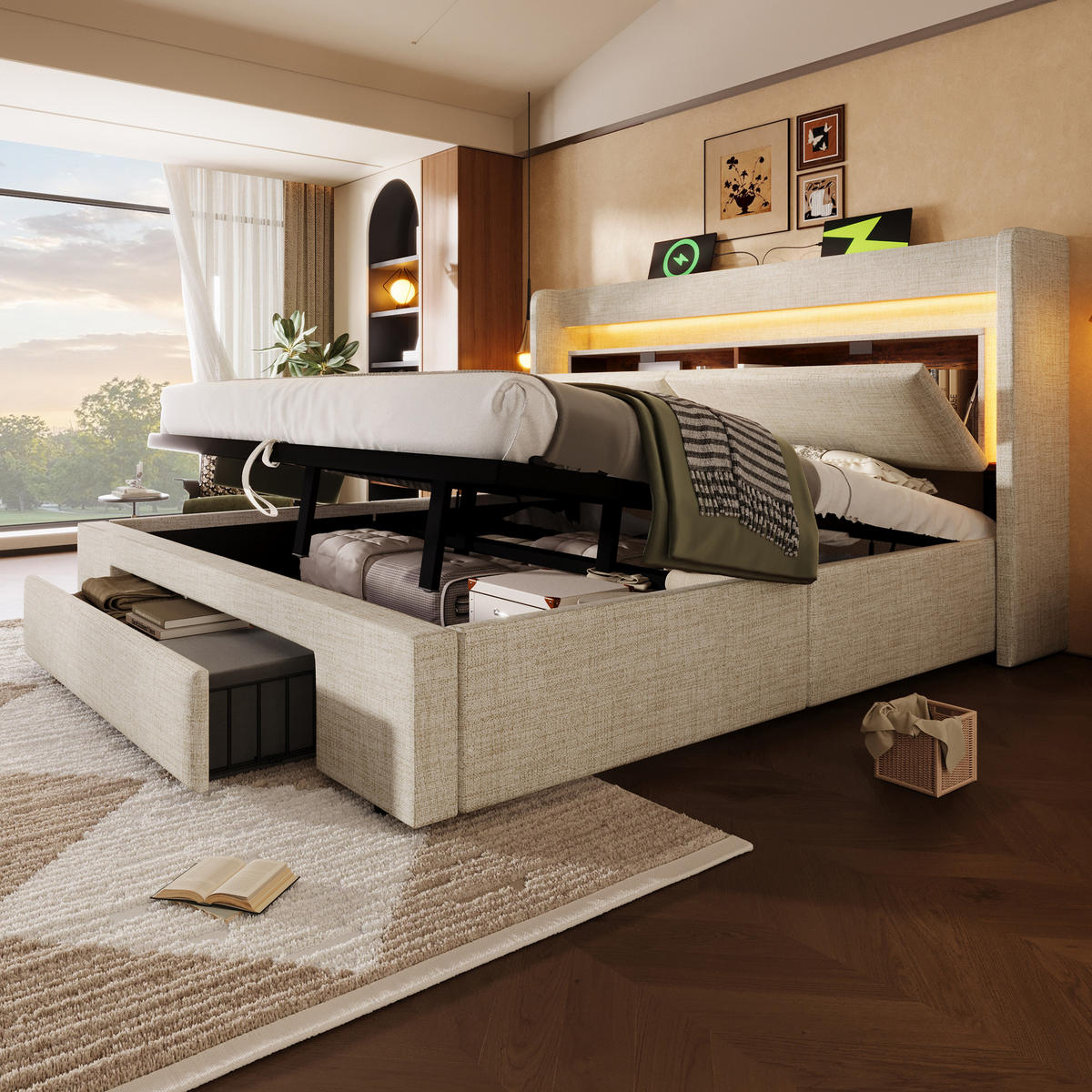 POLSTERBETT 160/200 cm mit LED, USB und USB-C, hydraulischem Stauraum und Schublade aus Leinen, Beige - Beige, Textil (160/200cm) - Redom