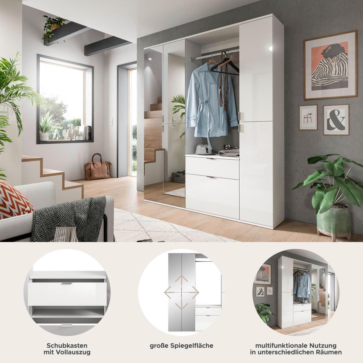 GARDEROBENKOMBINATION 4tlg. Projekt X Garderobe in weiß Nb. und weiß hochglanz B/H/T: 152x193x34 cm - Weiß, Holzwerkstoff (152/193/34cm)