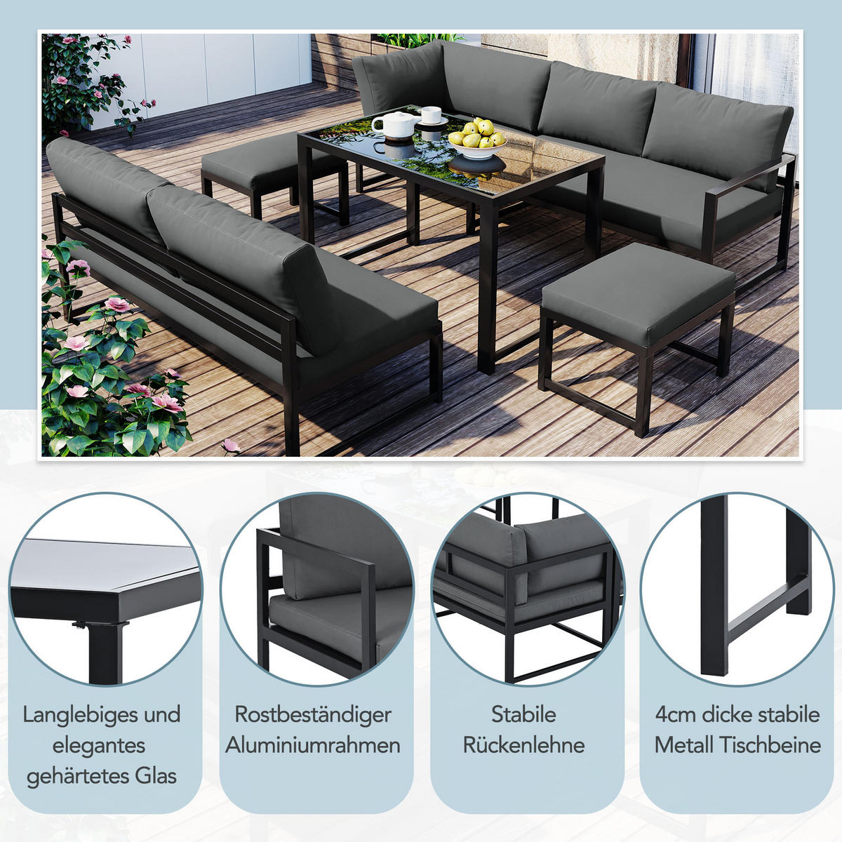 GARTENLOUNGE-SET mit Liegefunktion,Gartenmöbel-Set mit verstellbarer Rückenlehne,grau - Dunkelgrau/Schwarz, Textil/Metall - STILVORA