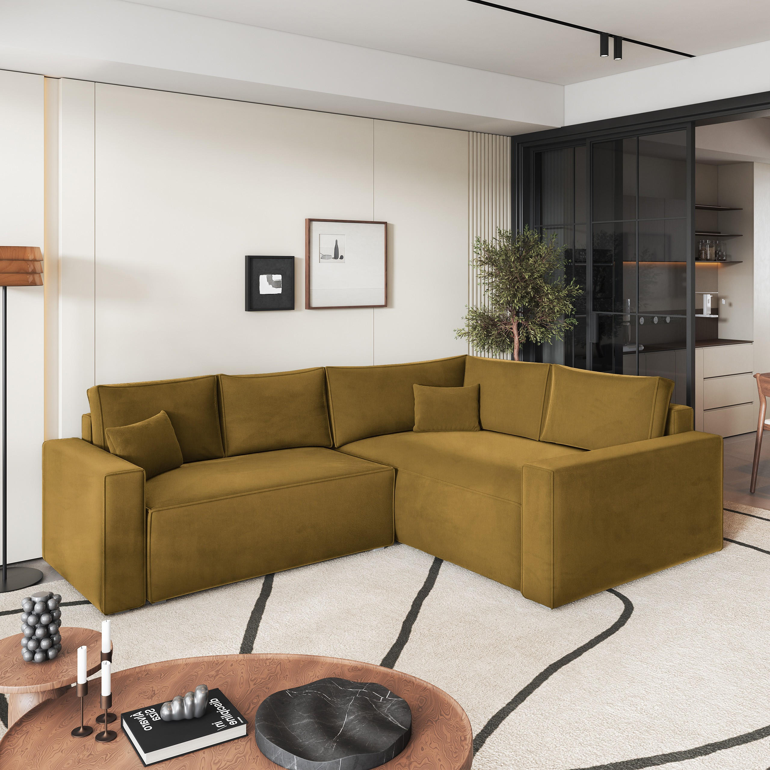 ECKSOFA ERONIS R-S Gelb Velours-Stoff mit Schlaffunktion - Gelb, Holz (265/194cm) - MASSENO