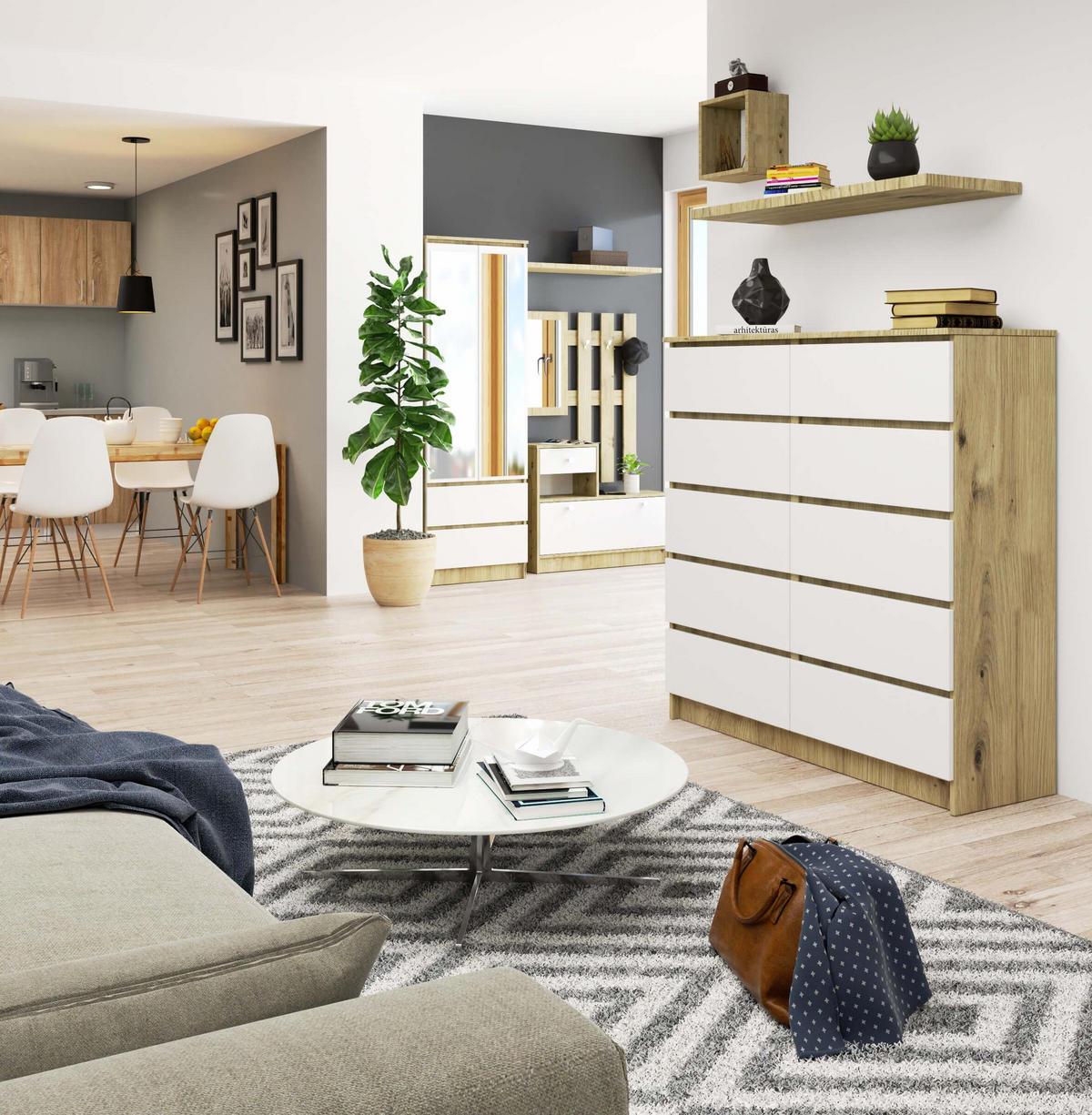 KOMMODE Eiche Artisan, Weiß 121/120/40 - Eiche Artisan/Weiß, Holzwerkstoff (120/121/40cm) - RAUMHIRSCH FURNITURE