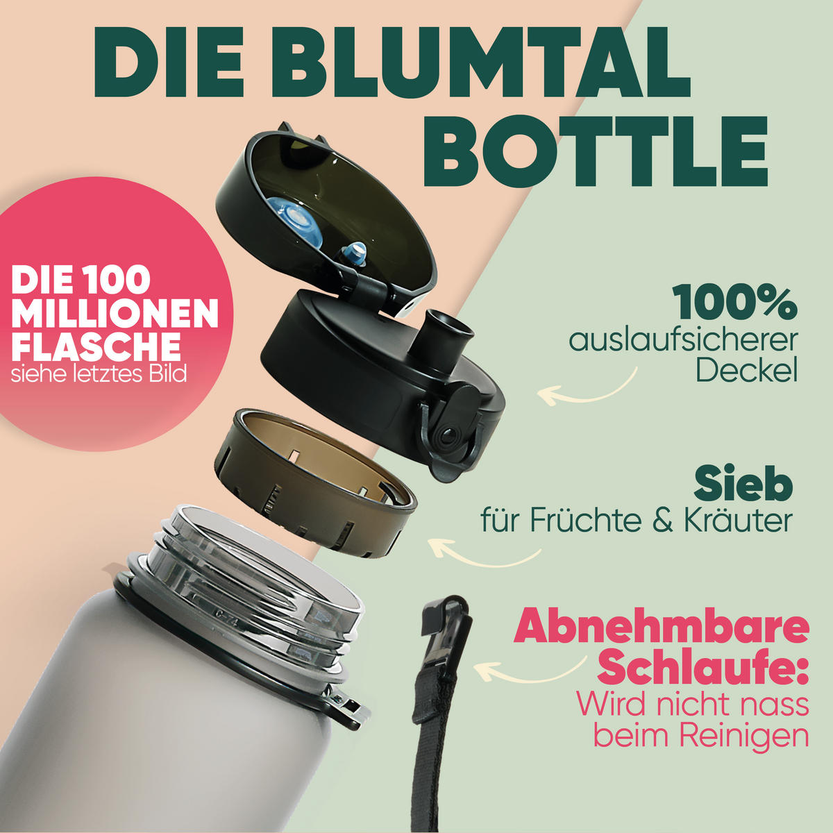 TRINKFLASCHE 1L - auslaufsichere - 1-Klick-Verschluss - BPA - freie - Taupe - Taupe, Kunststoff (1L) - Blumtal