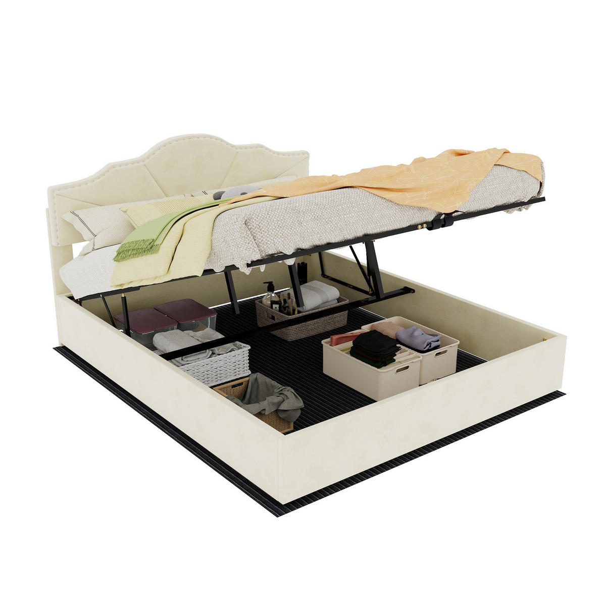 POLSTERBETT 160/200 mit hydraulischem Bettkasten und gepolstertem Kopfteil aus Holland-Samt in Beige - Beige, Holzwerkstoff/Textil (160/200cm) - EVRYAE