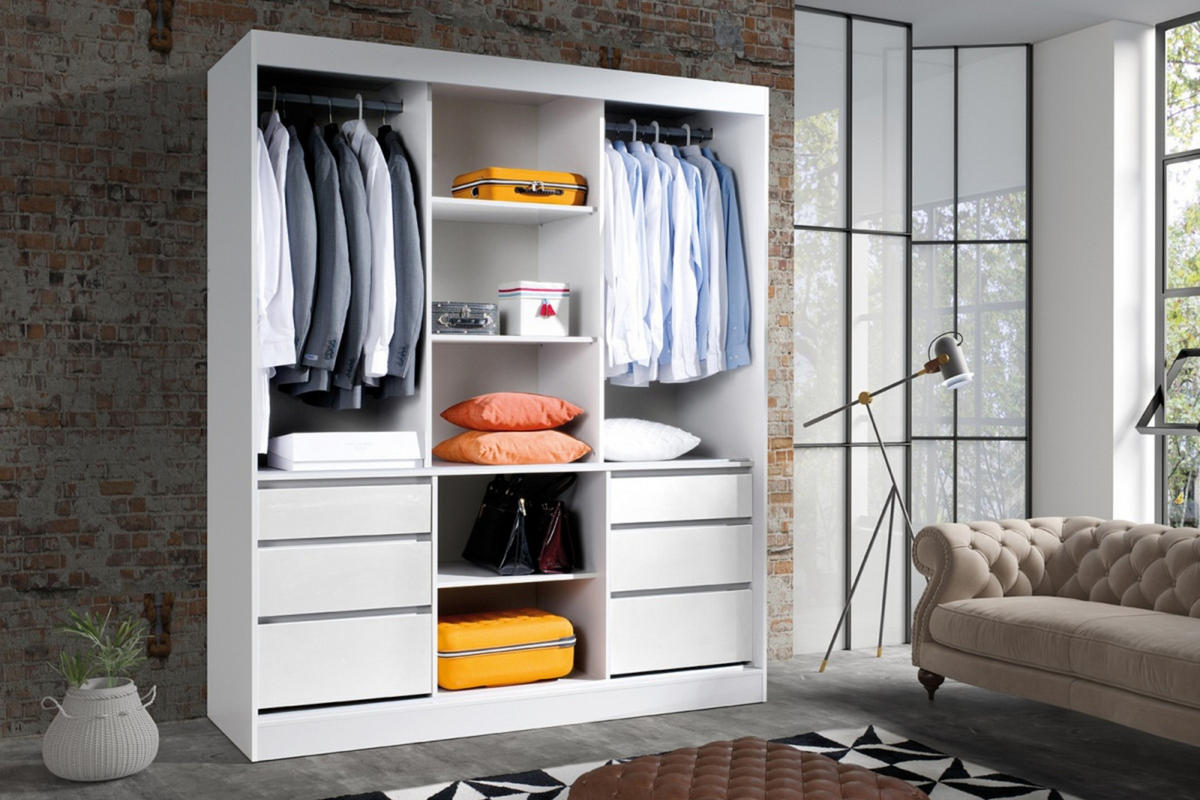 SCHWEBETÜRENSCHRANK HAITI 180/216 cm in Weiß Matt - Weiß, Holzwerkstoff (180/65/216cm) - Deine Möbel 24