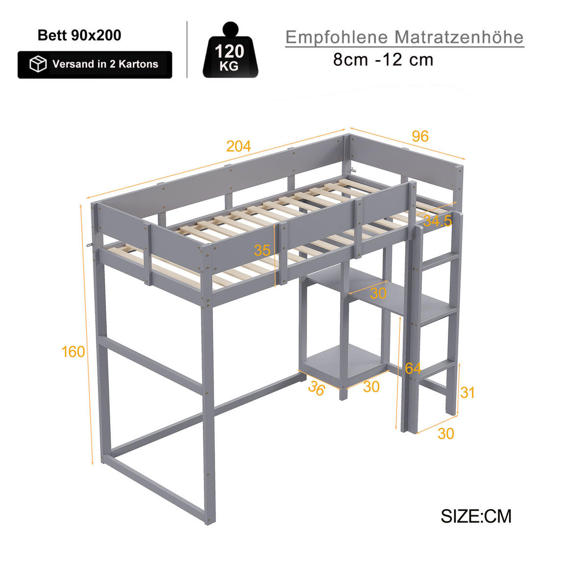 HOCHBETT 90/200 cm mit Ablageregal und Schutzgeländern aus massivem Kiefern, Grau - Grau, Holzwerkstoff (90/200cm) - Redom