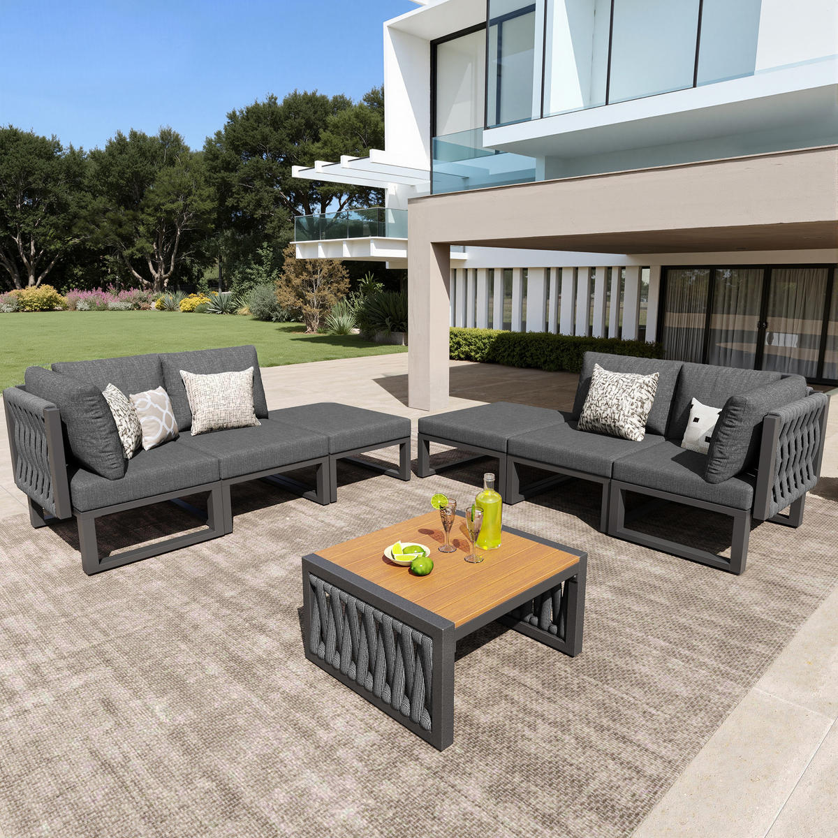 GARTENLOUNGE-SET 60/60/83 cm grau aus Metall und Polyester mit 5-fach verstellbaren Rückenlehnen - Braun, Metall - OKWISH