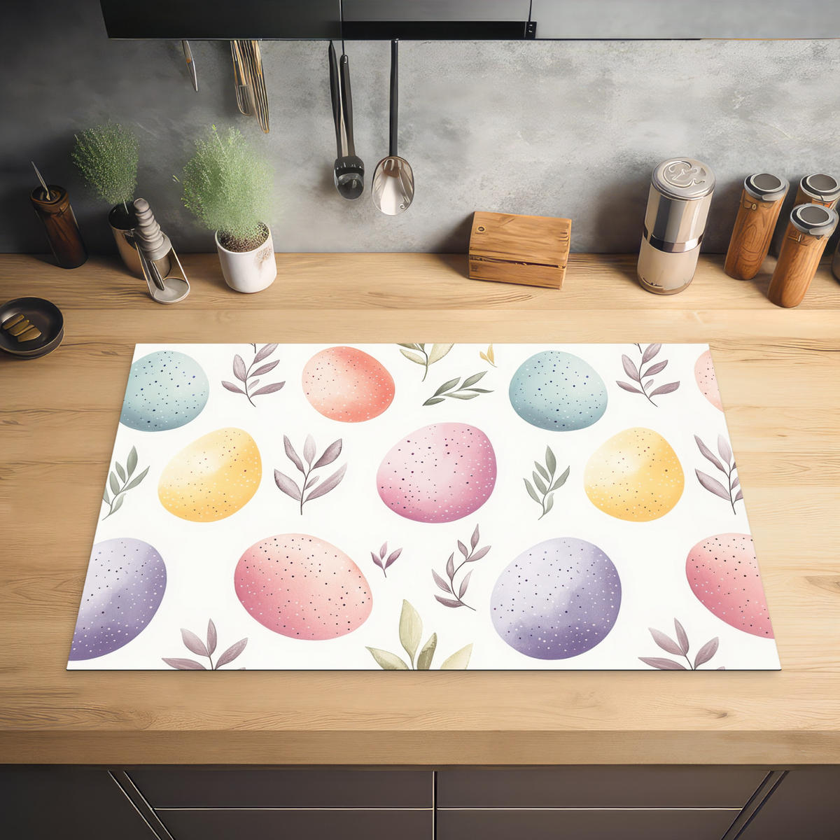 HERDABDECKPLATTE Eier - Bunt - Muster Ceranfeldabdeckung 80x52 cm - Weiß, Kunststoff (80/52/0.2cm) - MuchoWow