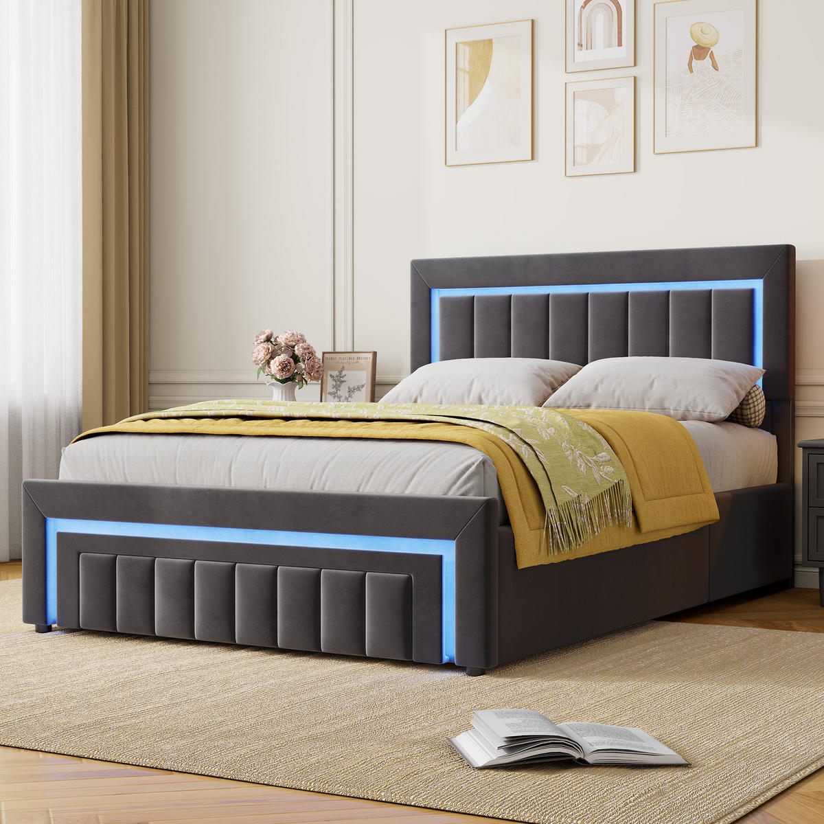POLSTERBETT 140/200 cm in Grau, mit Bettkasten und Schubladen , mit LED, ohne Matratze - Grau, Holzwerkstoff/Textil (140/200cm) - WISHDOR