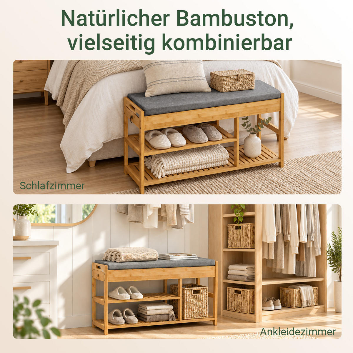 BANCĂ cu pernă și rafturi pentru încălțăminte din bambus - culoare naturală, lemn (90/45/30cm) - SoBuy