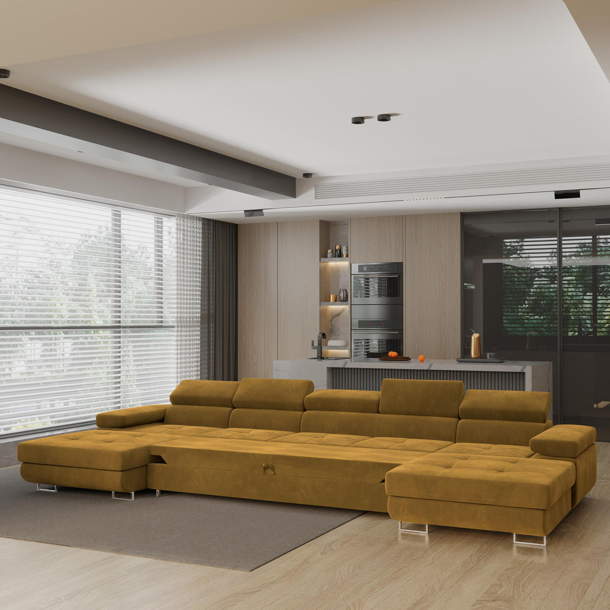 WOHNLANDSCHAFT OMBRA Gelb Velours-Stoff mit Schlaffunktion - Gelb, Holz (425/90/202cm) - MASSENO