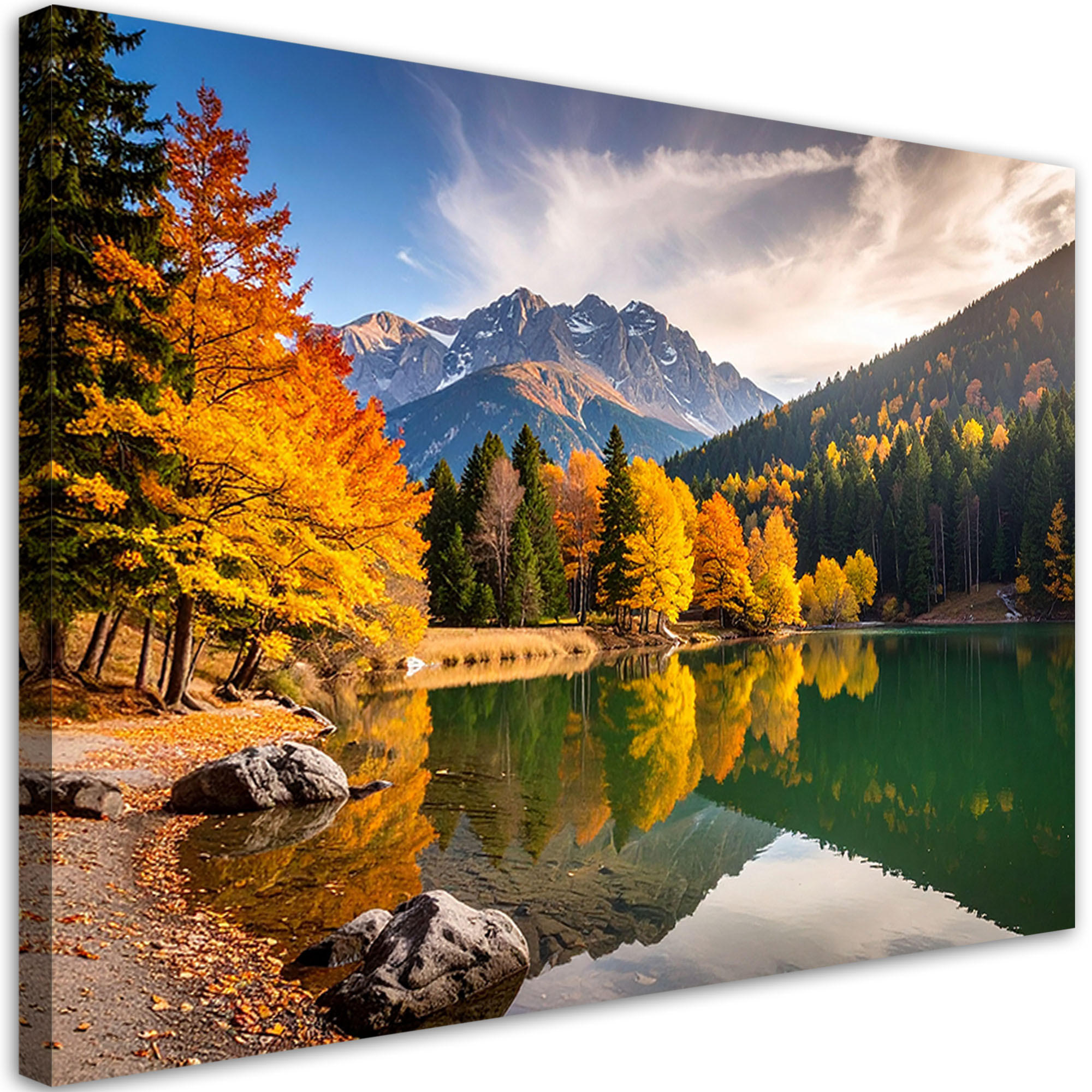 LEINWANDBILD Herbstlandschaft See Berge 120x80cm - Gelb, Textil (120/80cm) - Feeby