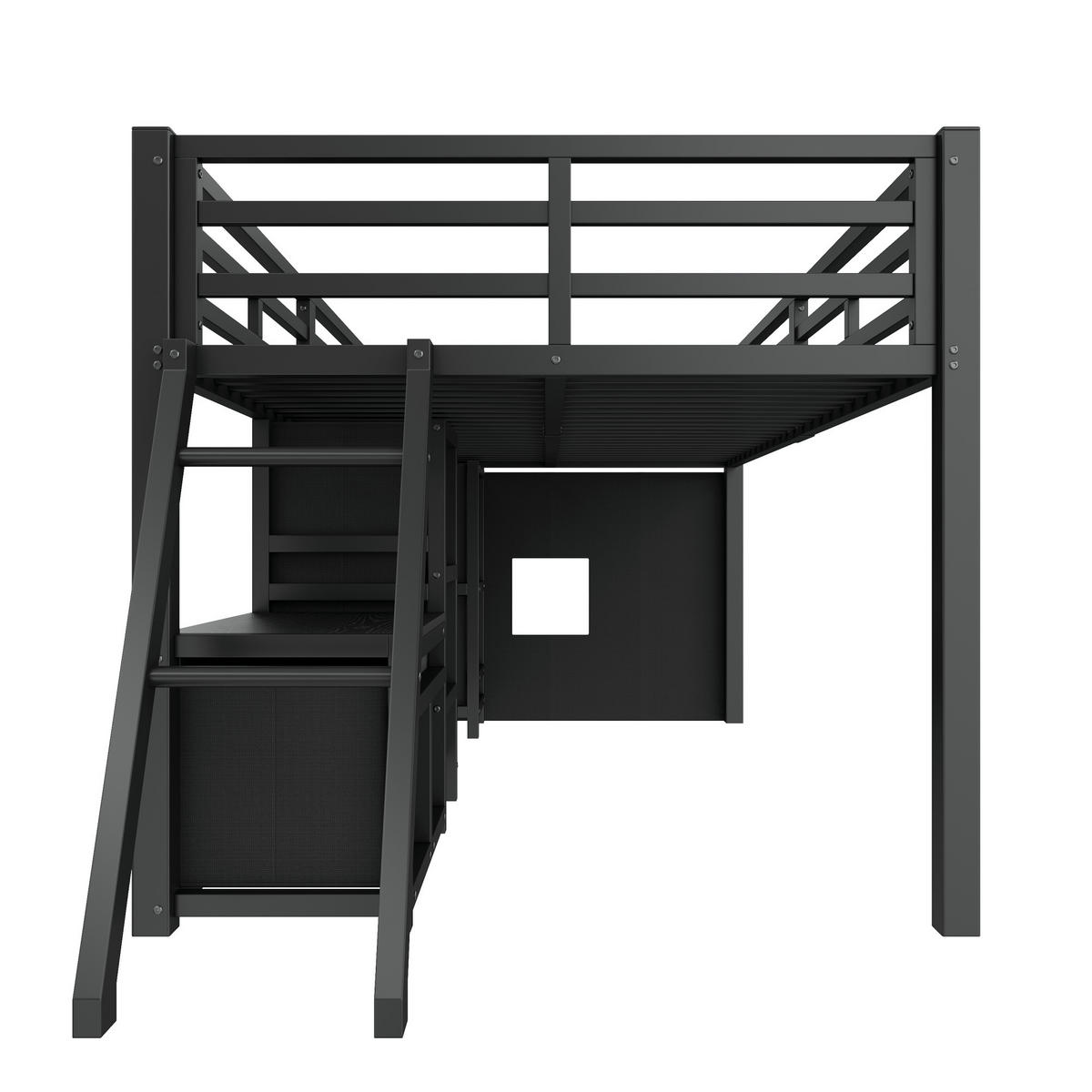 HOCHBETT 90/200 cm in Schwarz mit 7 Schubladen, offenem Regal, LED und Schutzgittern - Schwarz, Holzwerkstoff/Metall (90/200cm) - STILVORA