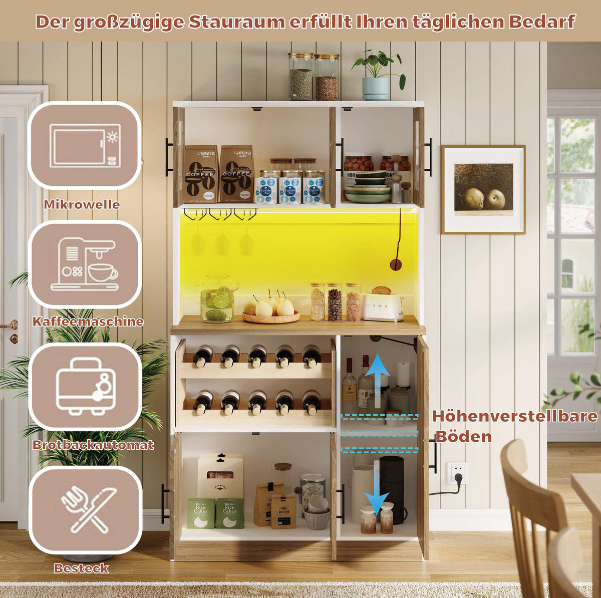 KÜCHENSCHRANK aus MDF 100x40x180 cm Weiß/Natur mit LED-Beleuchtung, Steckdosenleiste und Weinregal - Weiß, Holzwerkstoff (100/180/40cm) - IVMEU