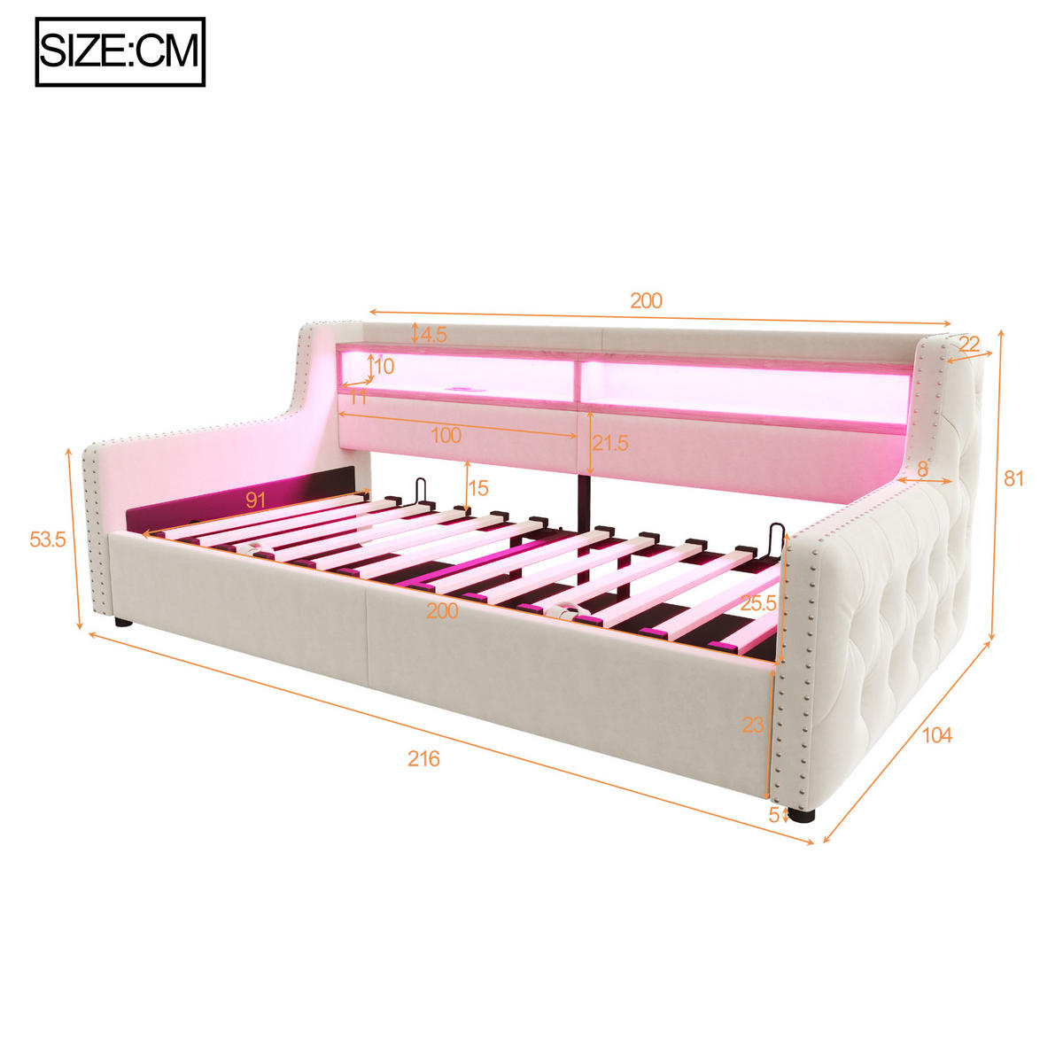POLSTERBETT 90/200 cm DE-02101, in Beige, mit Sofafunktion, LED und Hydraulik - Beige, Metall (90/200cm) - ComfortXL
