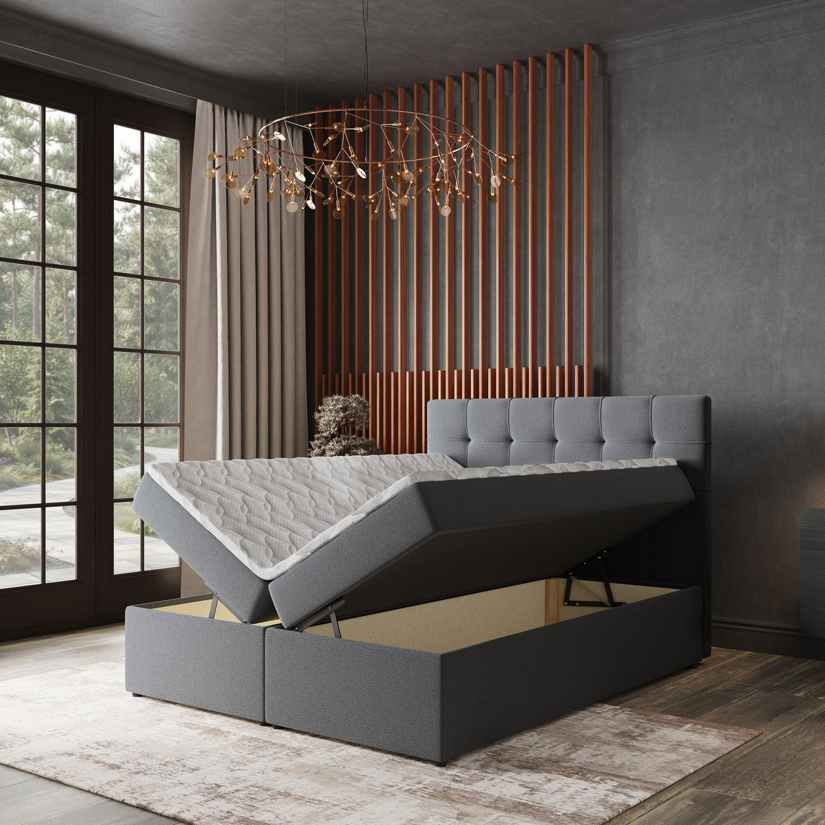 BOXBETT PALMA 180x200 cm mit Matratze und Topper, H2+H3 - Graphitfarben - Graphitfarben, Holz (180/200cm) - MASSENO