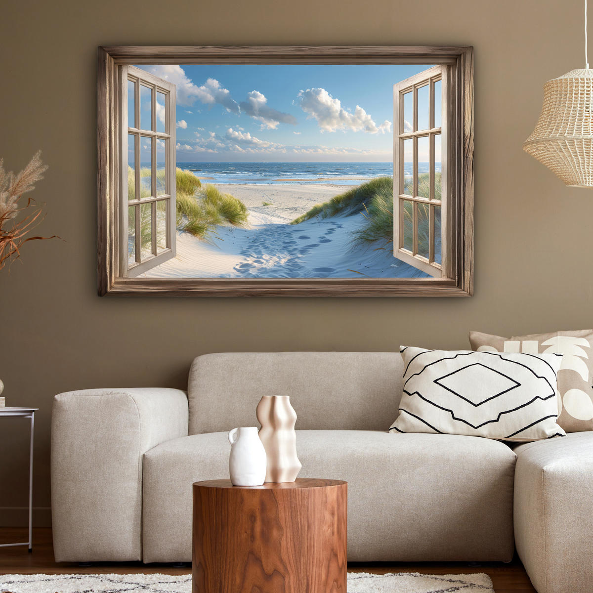 LEINWANDBILD Aussicht - Strand - Fenster - Dünen - Meer XXL 150x100 cm - Hellblau, Textil (150/100cm) - MuchoWow