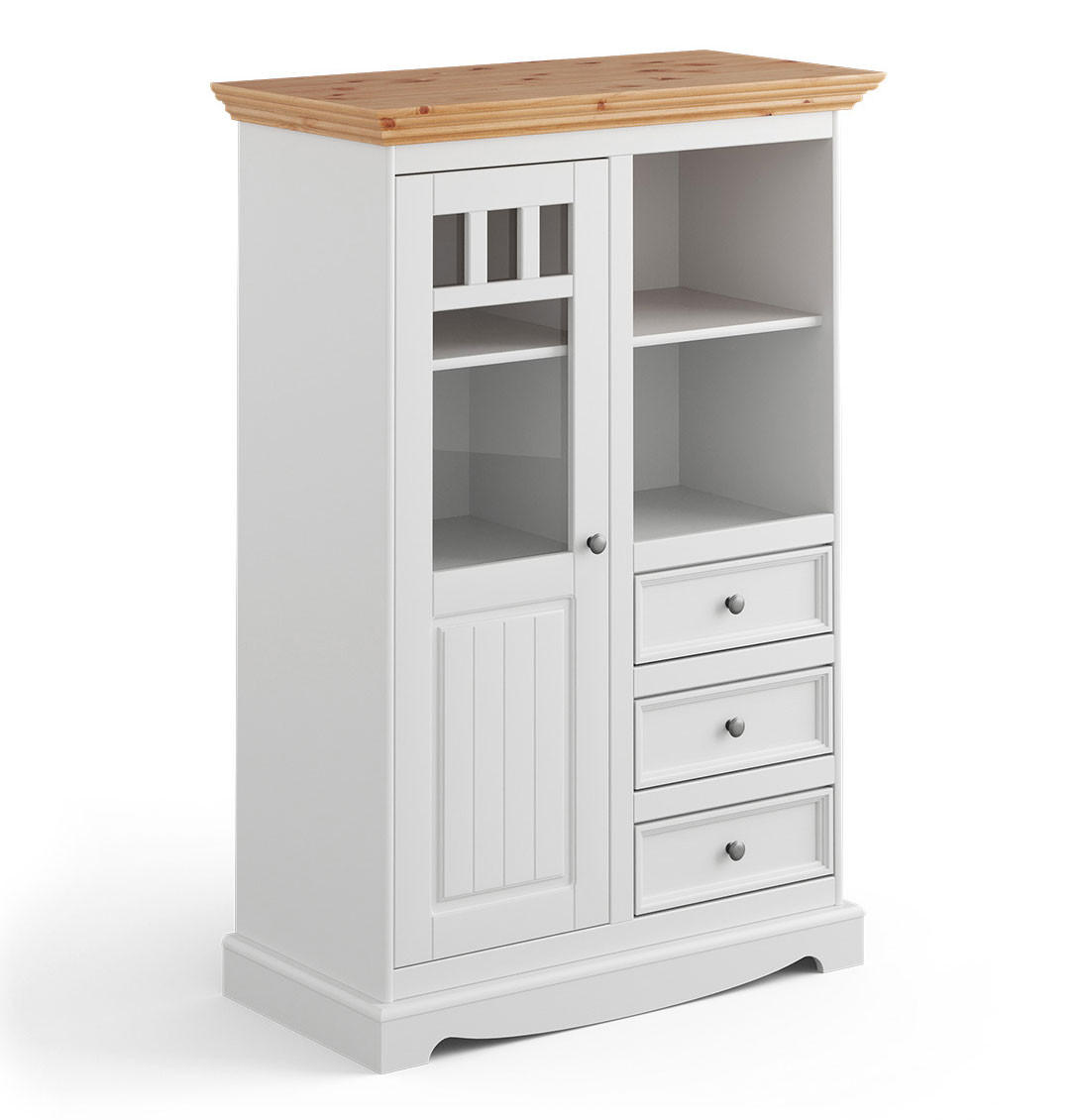 VITRINE Belluno Elegante Kiefer Natur gebeizt / - Kiefer weiß (RAL9010) lackiert 89 / 44 / 130cm - Weiß/Kieferfarben, Holz/Metall (89/130/44cm) - Feldmann-Wohnen