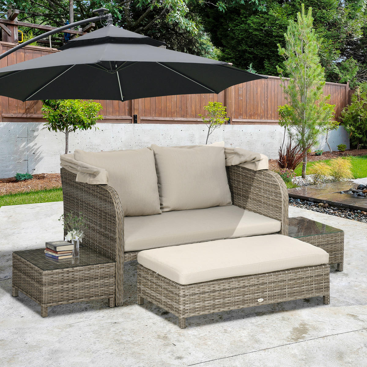 GARTENLOUNGE-SET 4tlg. DE-13640 2-Sitzer-Sofa mit Hocker & 2 Tischen Beige & Braun - Mokka, Kunststoff/Metall - ComfortXL