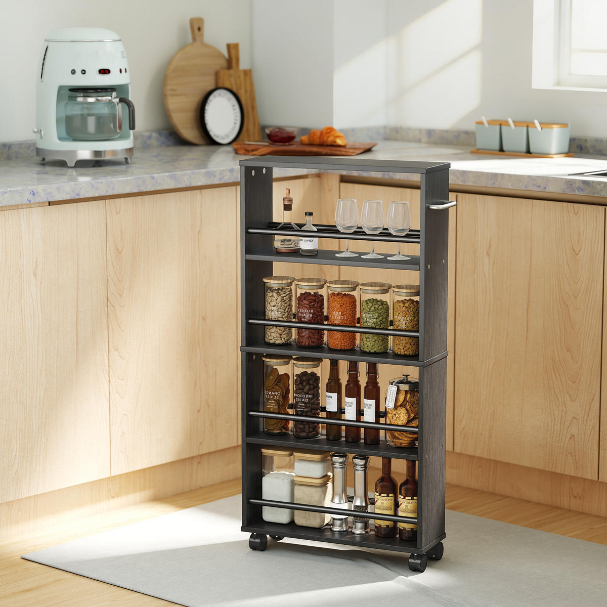 ROLLWAGEN, Schmaler Servierwagen mit 4 Etagen, Griffe, für Küche, Schwarz - Silberfarben/Schwarz, Holzwerkstoff/Metall (15/91/45cm) - HOMCOM