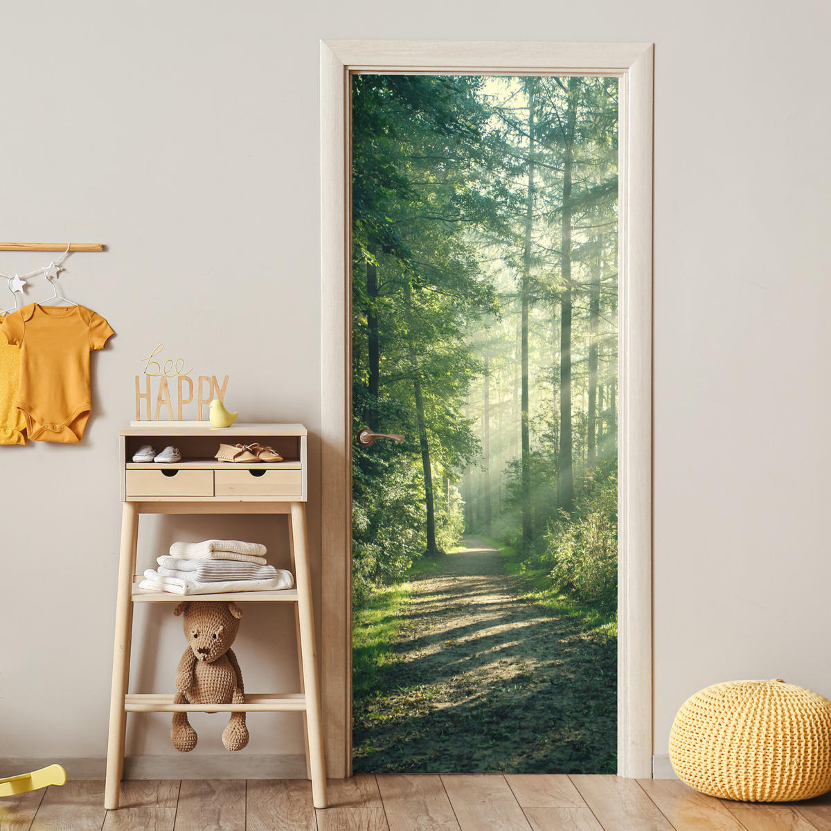 TÜRAUFKLEBER Selbstklebend - Wald - Weg - Sonne - Bäume - Grün - Natur 95x235 cm - Türtapete - Waldgrün, Kunststoff (95/0.1cm) - MuchoWow