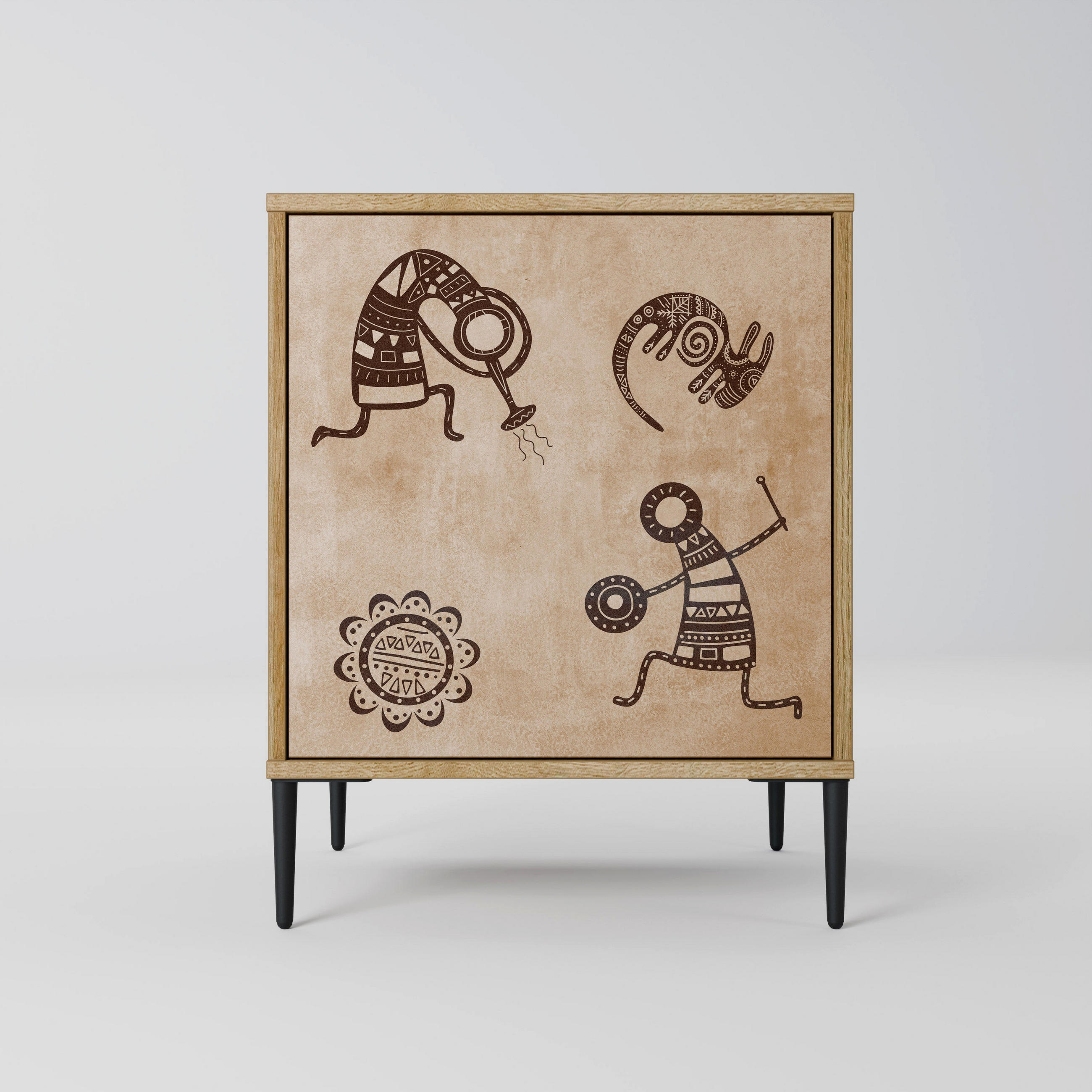 SIDEBOARD AFRICAN STYLE, Eichefarben, 57,5x42x72,5 cm, Schwarze Metallfüße - Eichefarben/Multicolor, Holzwerkstoff/Metall (57.5/72.5/42cm) - SpaceRebels