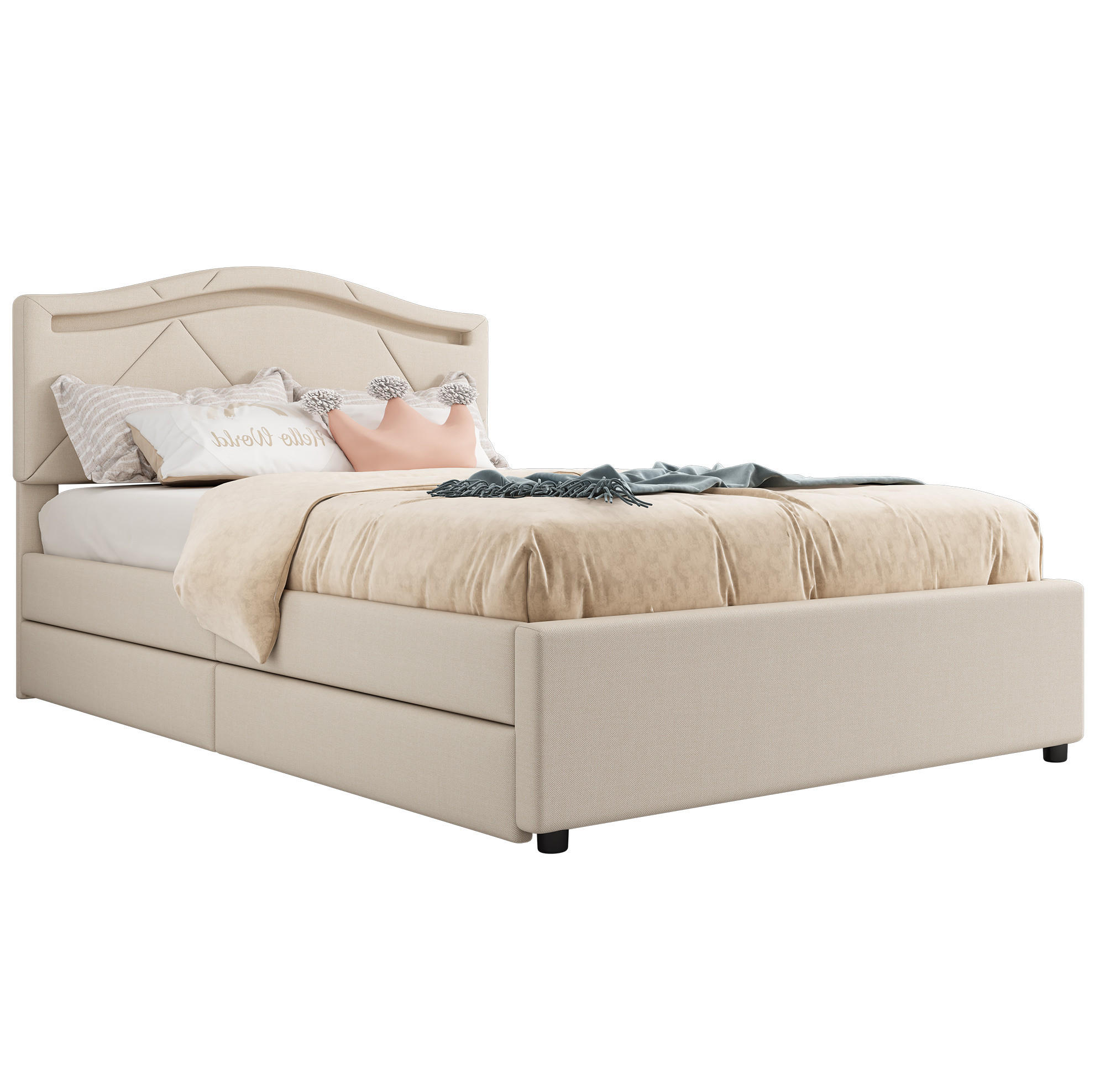 POLSTERBETT 90/200 cm mit LED-Beleuchtung, 2 Schubladen und verstellbarem Kopfteil aus Leinen, Beige - Beige, Textil (90/200cm) - Redom