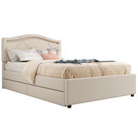POLSTERBETT 90/200 cm mit LED-Beleuchtung, 2 Schubladen und verstellbarem Kopfteil aus Leinen, Beige - Beige, Textil (90/200cm) - Redom
