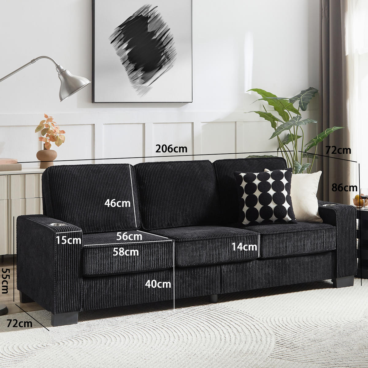 3-SITZER-SOFA DE-35029 mit Getränkehaltern Schwarz - Schwarz, Textil (72/86/206cm) - ComfortXL
