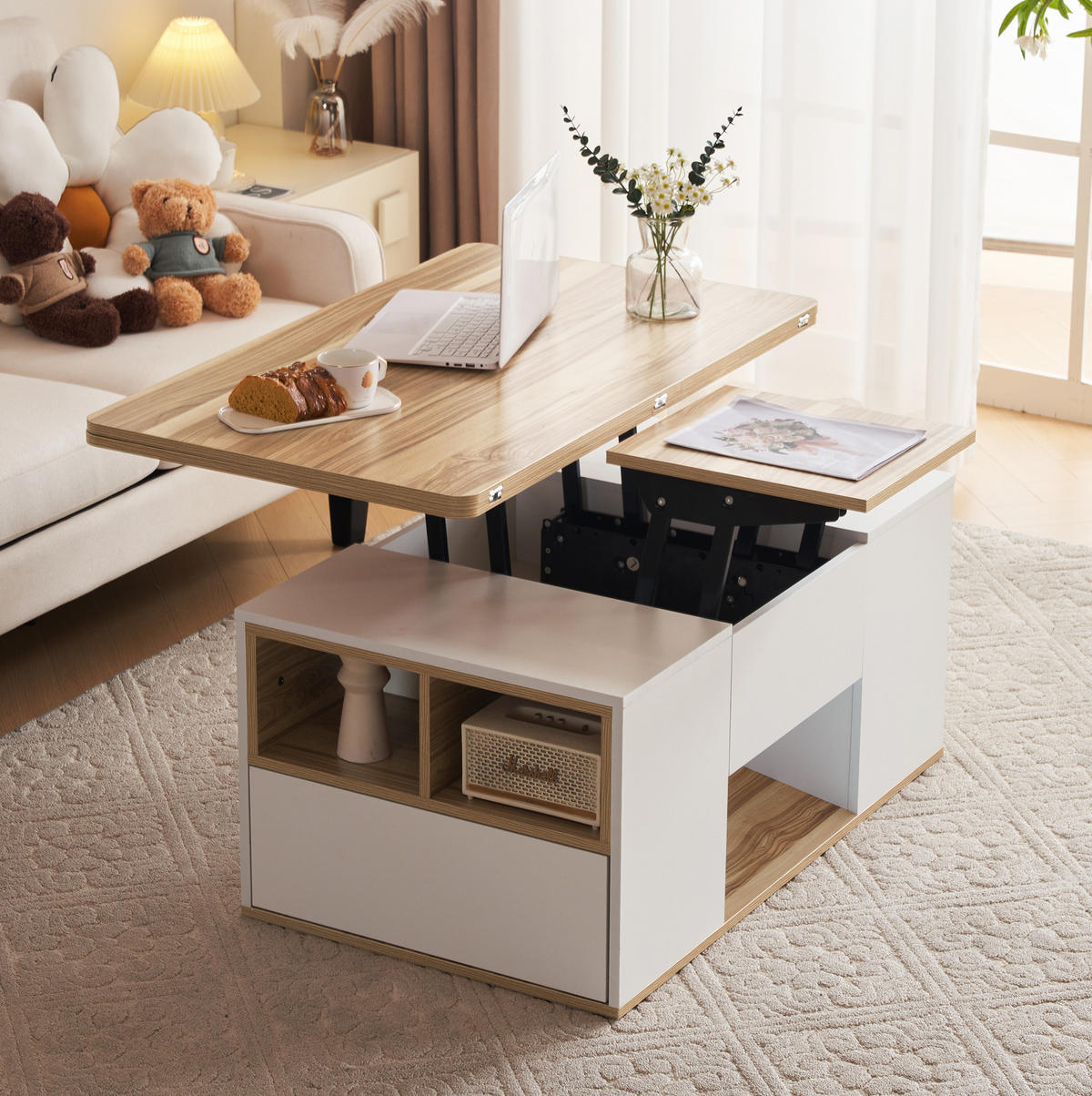 COUCHTISCH 100/51/47 cm höhenverstellbar mit Stauraum in Weiß und Naturholz - Weiß, Holzwerkstoff (100/51/47cm) - Flora Grace