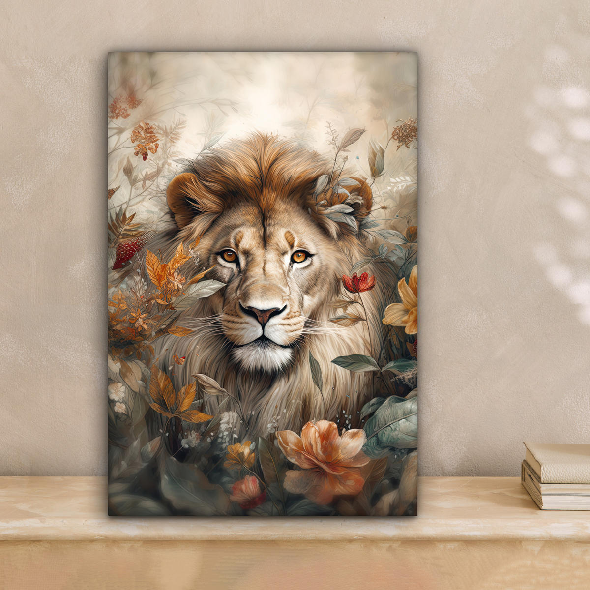 LEINWANDBILD Löwe - Wildtiere - Pflanzen - Natur - Blumen Deko Wohnzimmer 20x30 cm - Beige, Textil (20/30cm) - MuchoWow
