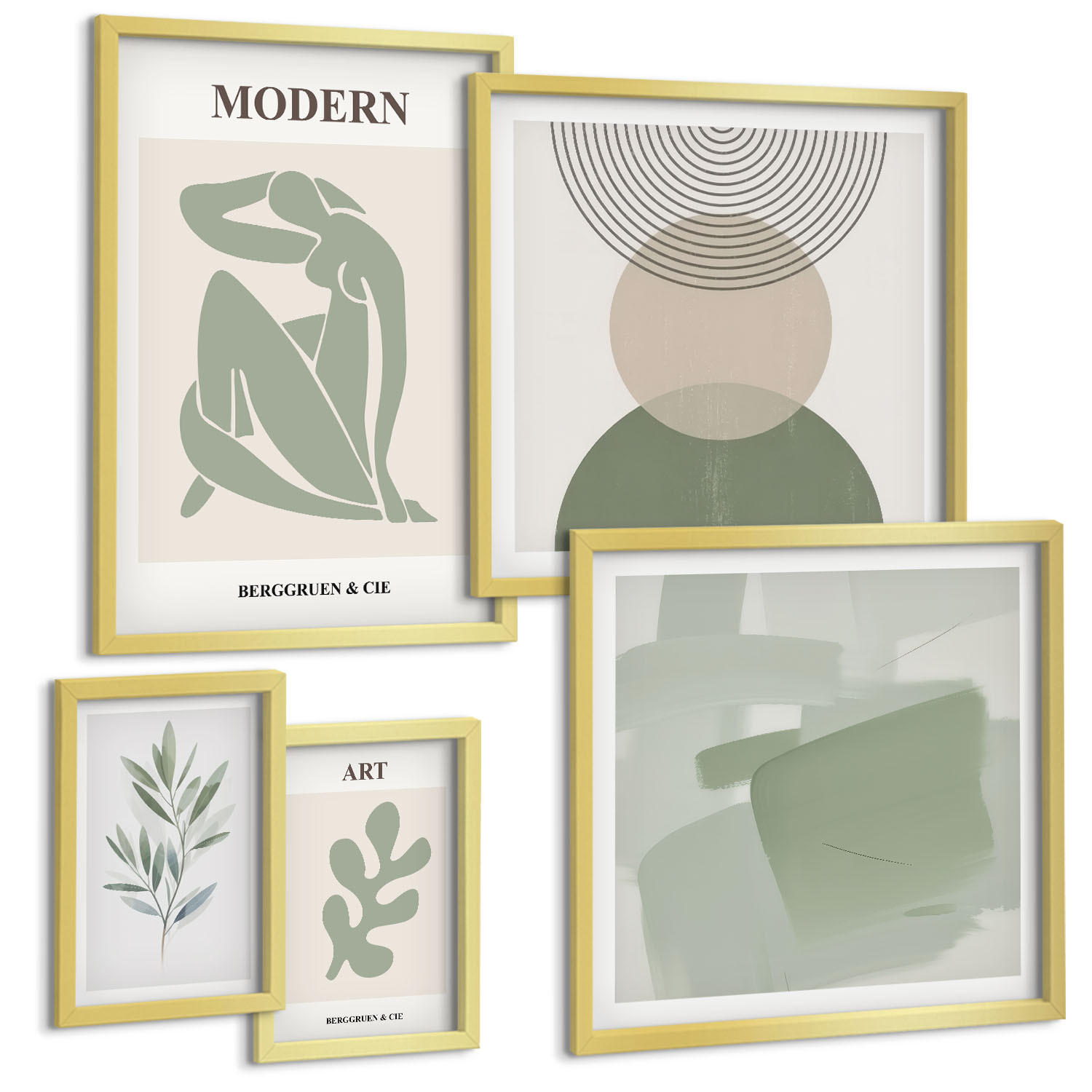 BILDER SET 5er Set - 50x50 cm & 20x30 cm & 40x60 cm Goldrahmen - Stilvolle abstrakte Pflanzengrafiken - Goldfarben, Kunststoff (40/60cm) - TULUP
