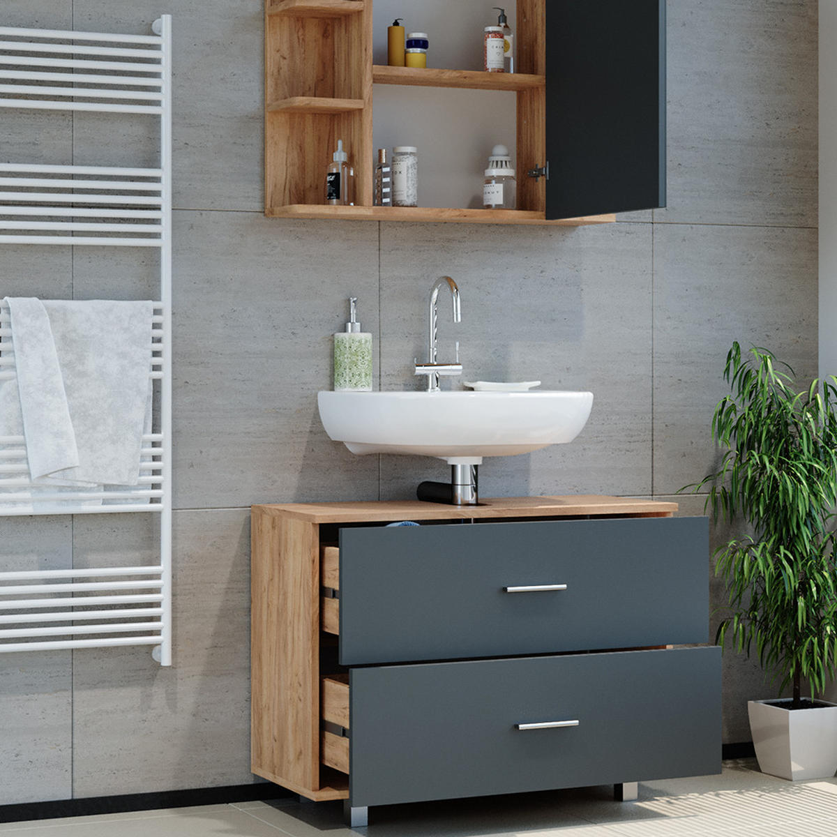 BADMÖBEL-SET Ilias Anthrazit/Goldkraft Eiche 2 Teile Unterschrank 80 cm - Anthrazit/Eiche Wotan, Holzwerkstoff (80.2/60.8/33cm) - Vicco
