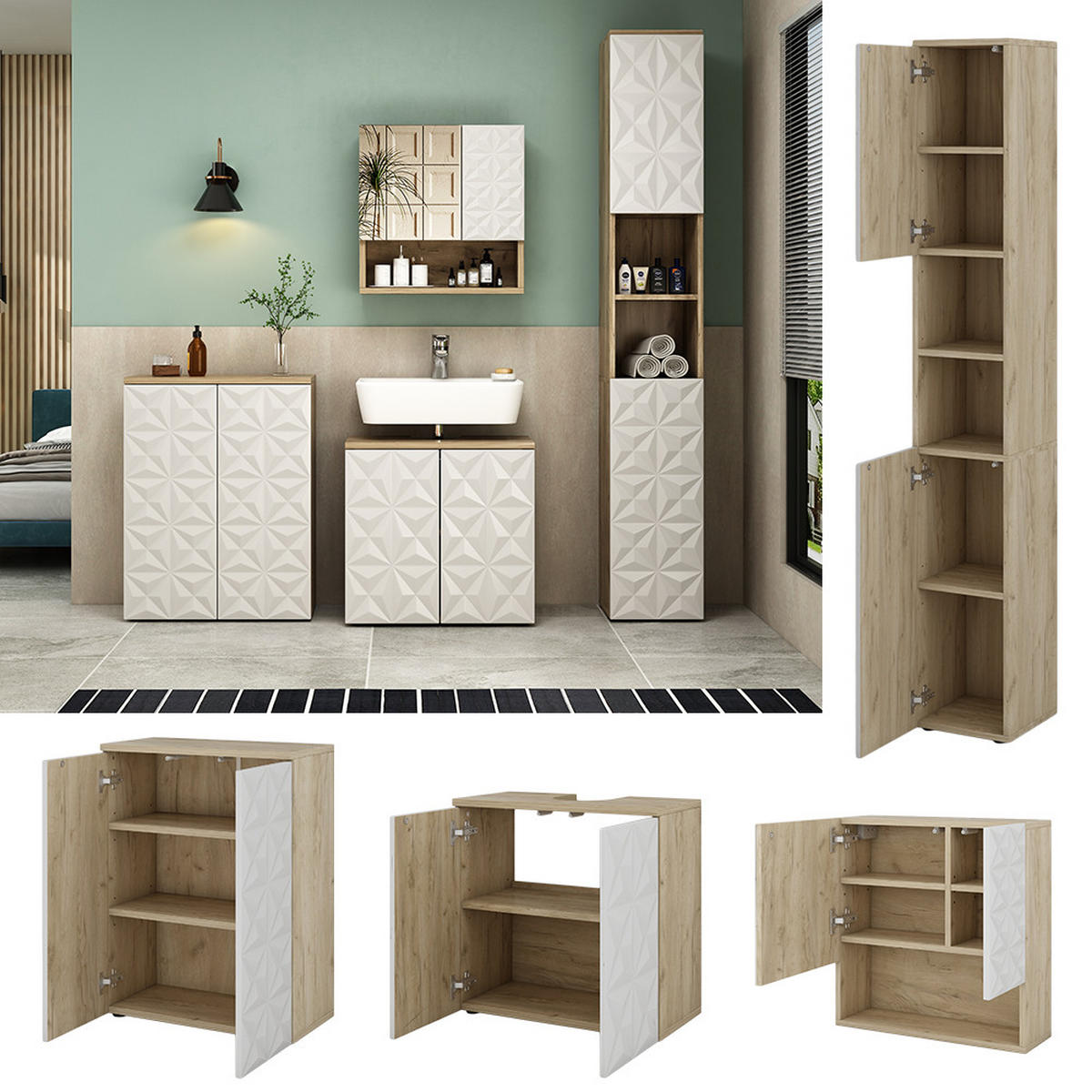 BADMÖBEL-SET Edge Weiß 4 Teile - Eichefarben/Weiß, Holzwerkstoff (60/57/30cm) - Vicco