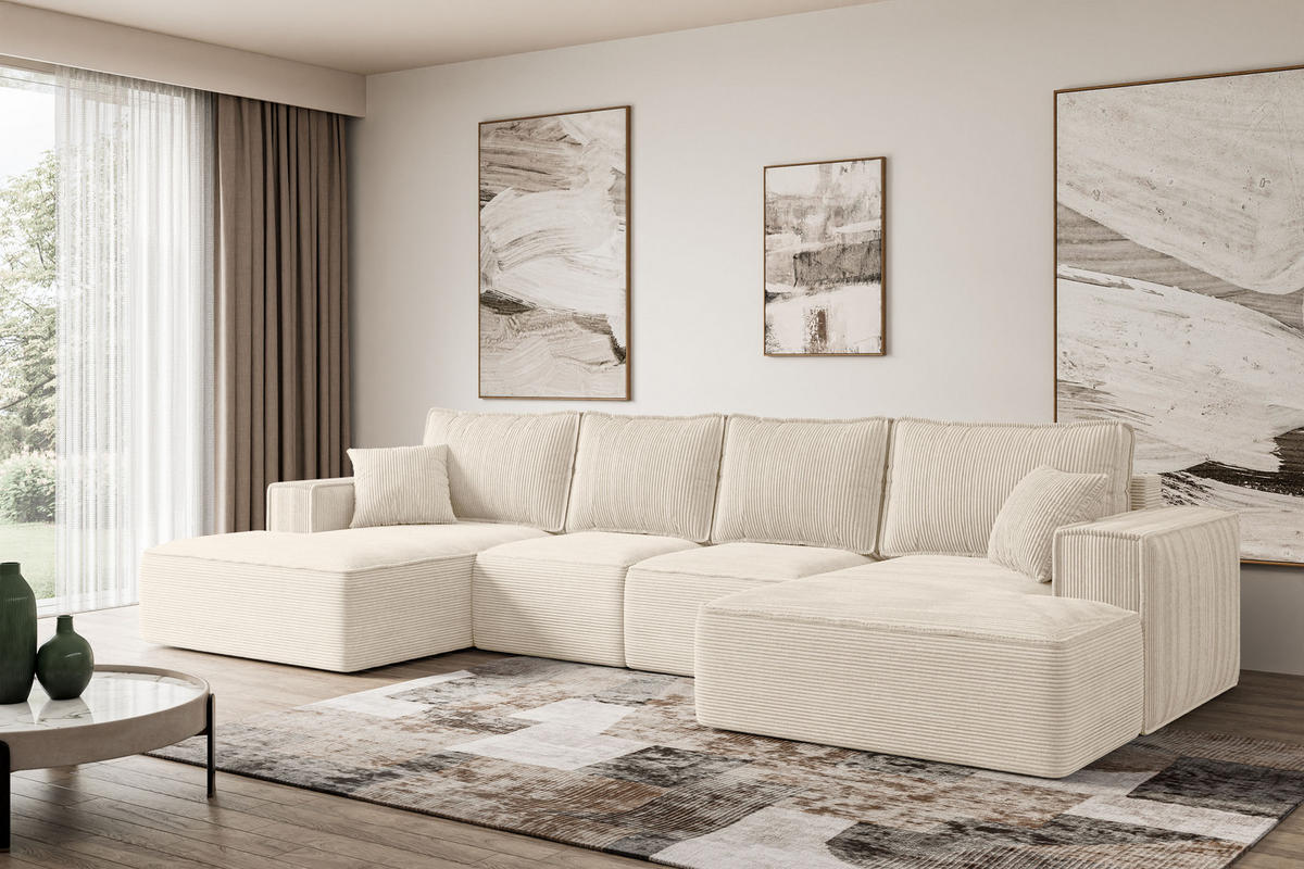 WOHNLANDSCHAFT mit Schlaffunktion und Bettkasten SIERRA-U-S - 349x161x87 cm Beige Cord - Beige/Schwarz, Holzwerkstoff/Kunststoff (349/87/161cm) - ALTDECOR