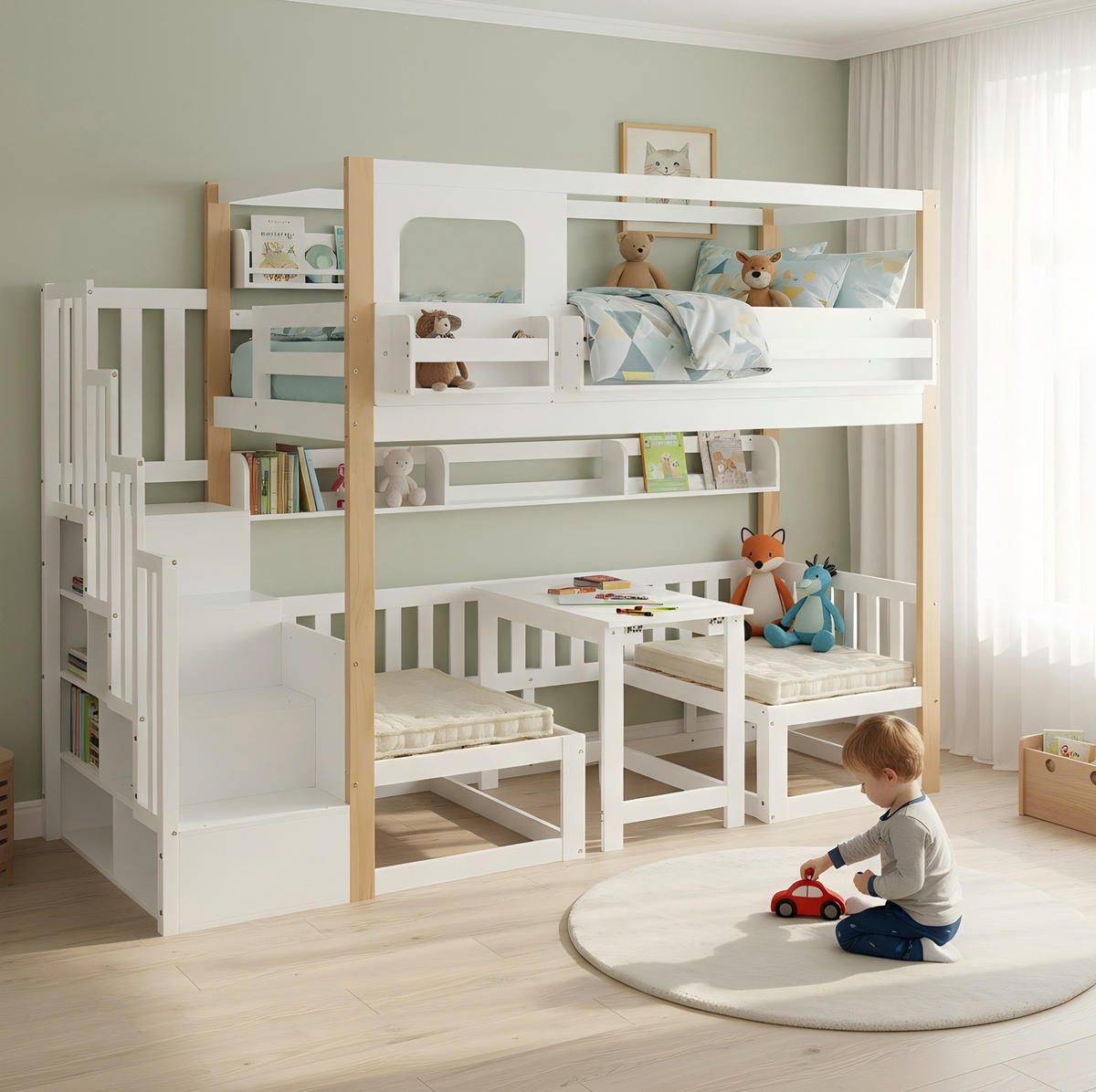ETAGENBETT 90/200 cm weiß/natur aus Kiefer und MDF mit Klapptisch - Weiß, Holz (90/200cm) - OKWISH